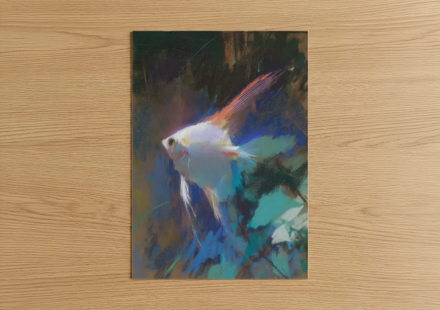 Art print on warm oak wood — blue and orange palette — Ethereal Angel Fish poster