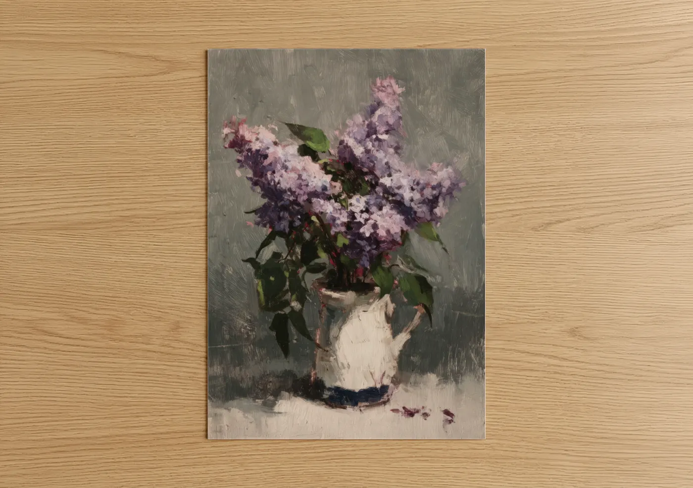 Art print on warm oak wood — lavender and gray palette — Purple Lilac Blooms poster