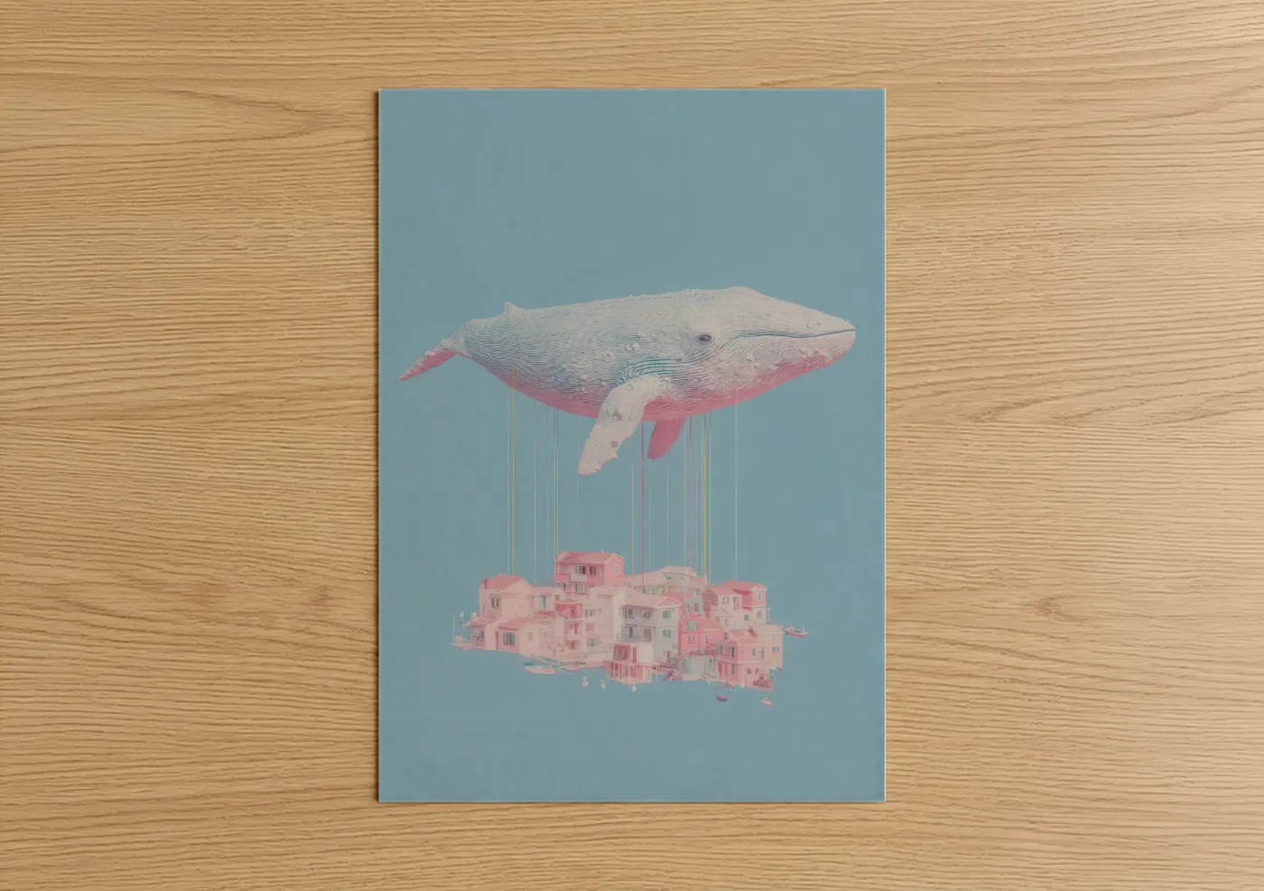 Blue whale art print on warm oak wood — blue and white and pink palette — Floating Whale Dreams poster