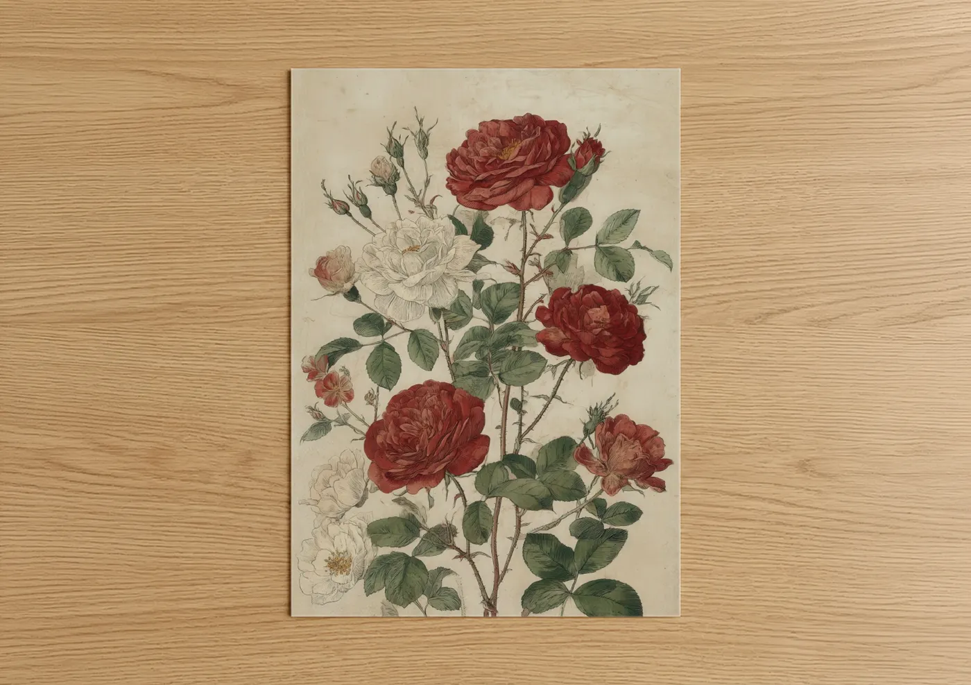 Roses art print on warm oak wood — cream and maroon palette — Vintage Rose Study poster