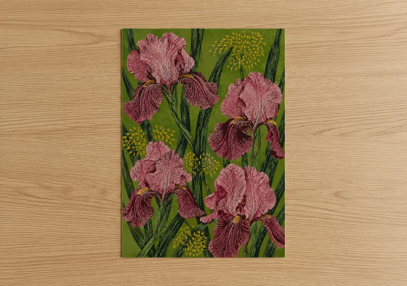 Art print on warm oak wood — pink and olive palette — Pink Iris Floral Botanical Wall Art poster