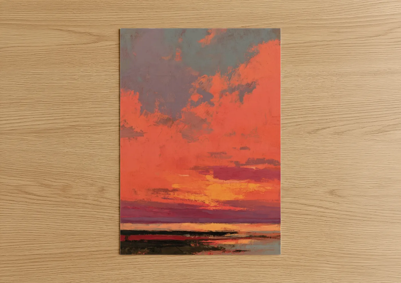 Fiery Summer Sunset Landscape Painting Wall Art