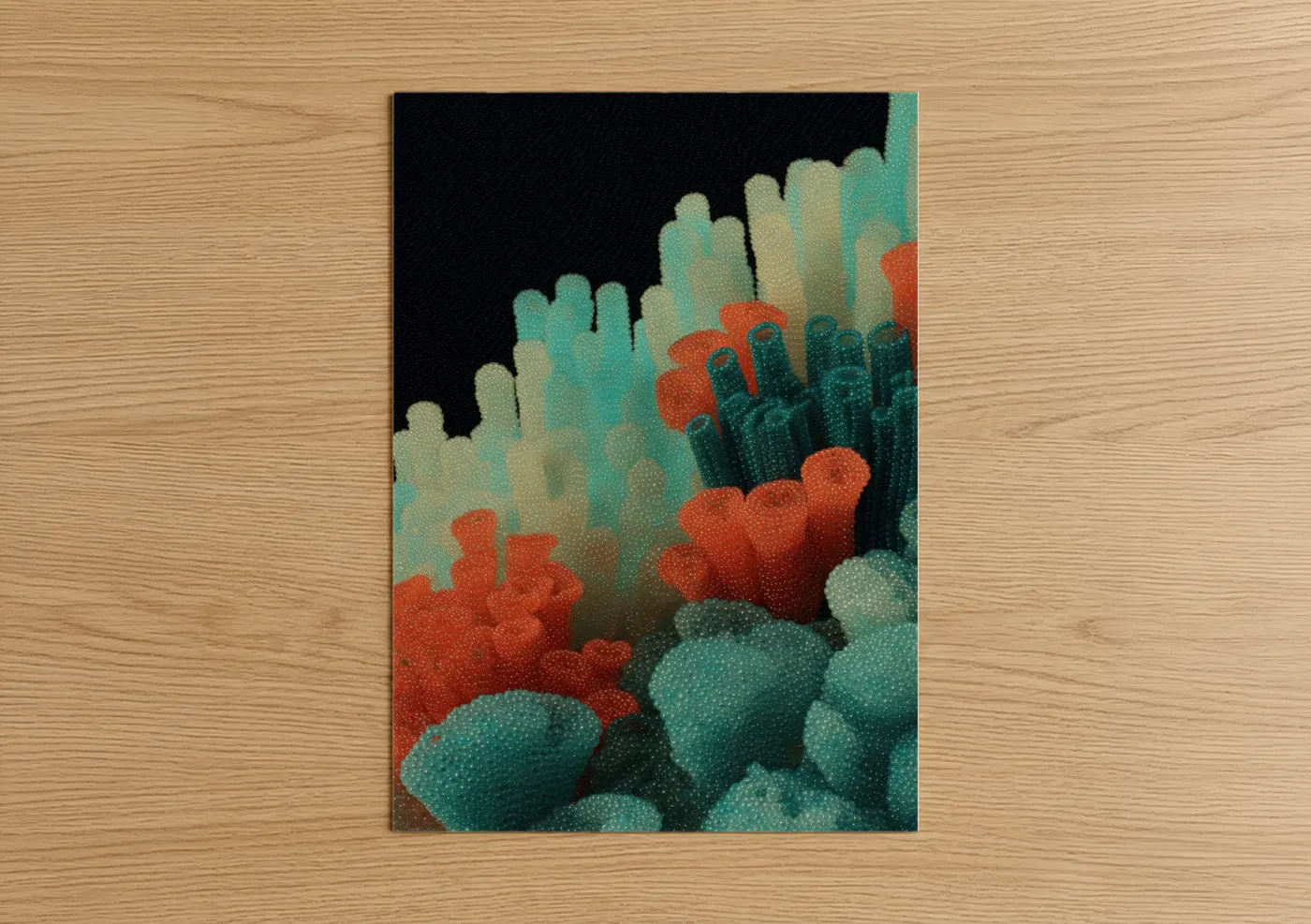 Beadwork art print on warm oak wood — teal and orange palette — Colorful Cactus Landscape poster