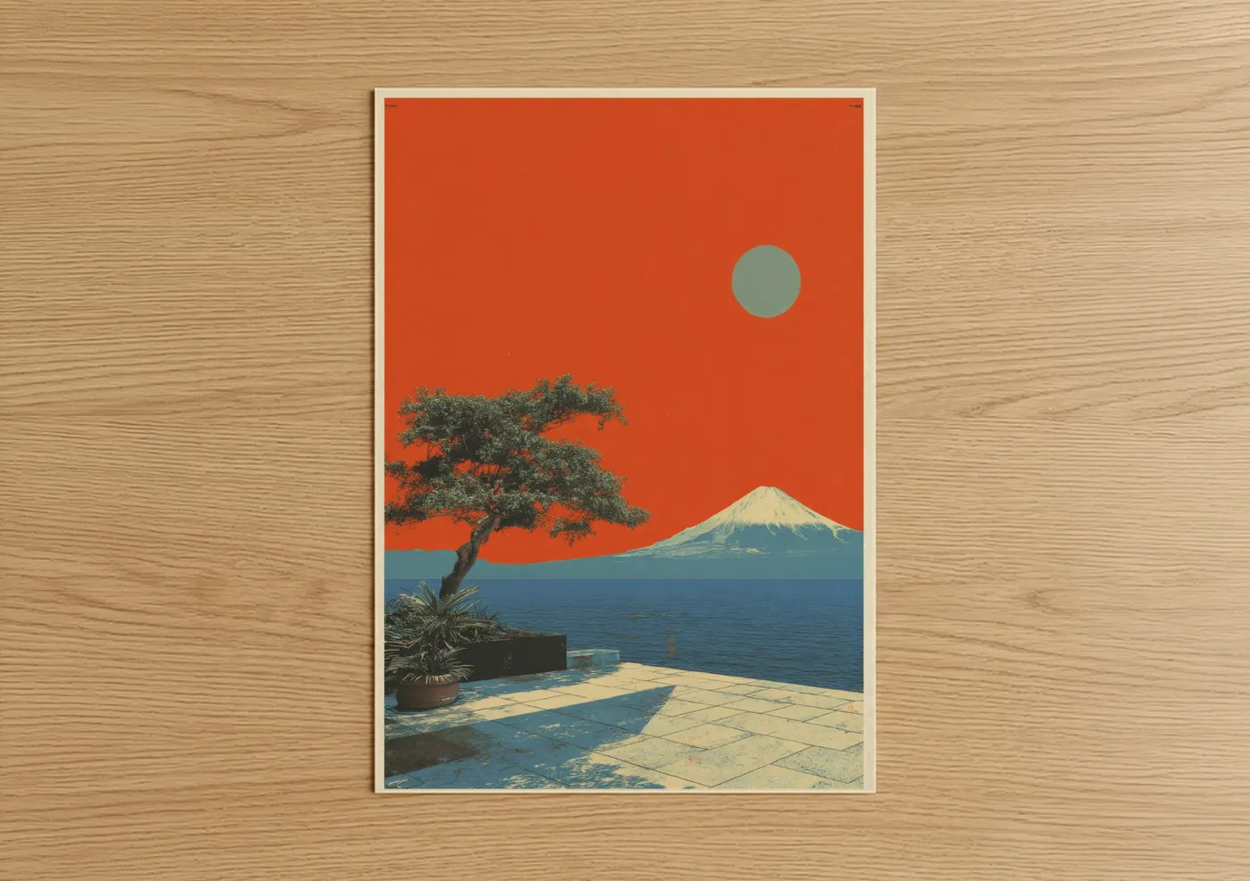 Japanese y2k art print on warm oak wood — red and blue palette — Crimson Fuji Dream poster