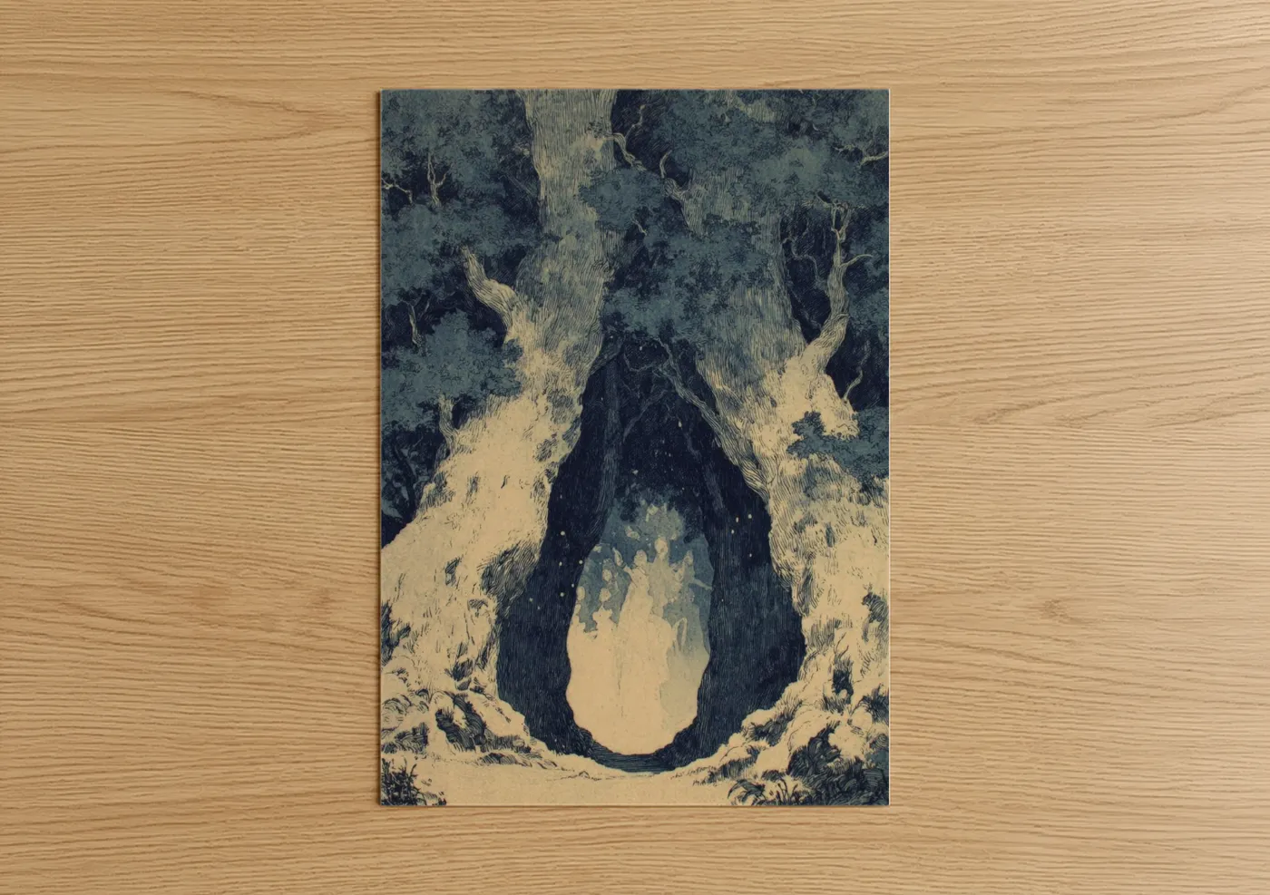 Art print on warm oak wood — cream and blue and gray palette — Snowy Mountain Gate poster