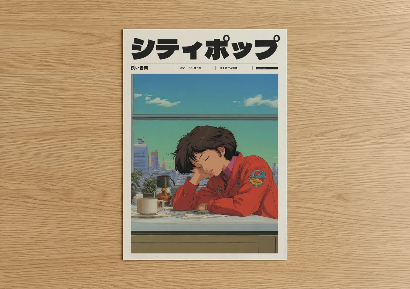 Anime and manga art print on warm oak wood — turquoise and red palette — Dreamy Convenience Store poster