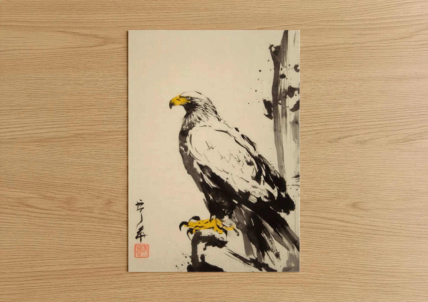 Golden Eagle Portrait Japanese Ink Wall Art
