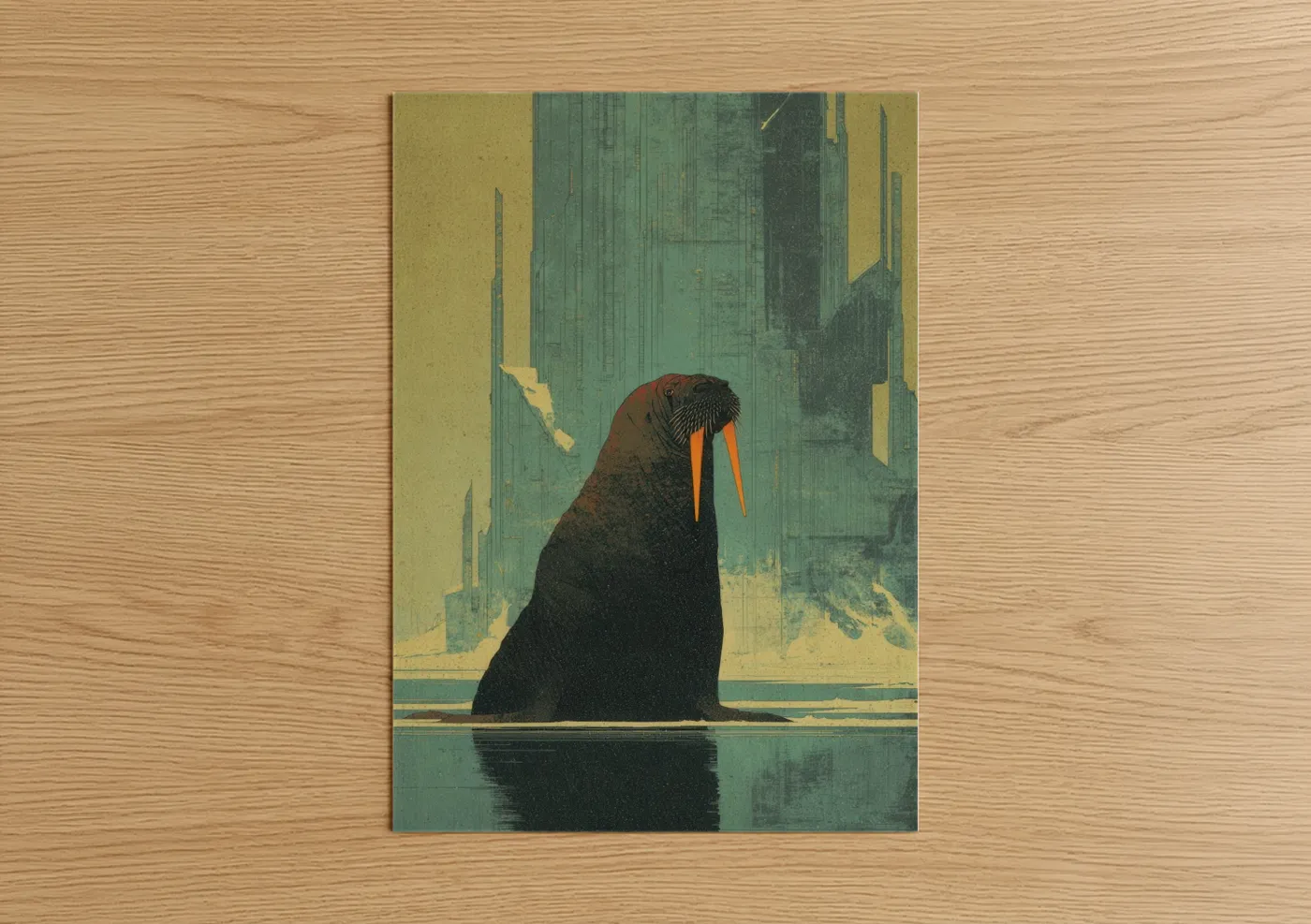 Art print on warm oak wood — teal and gold palette — Urban Walrus poster