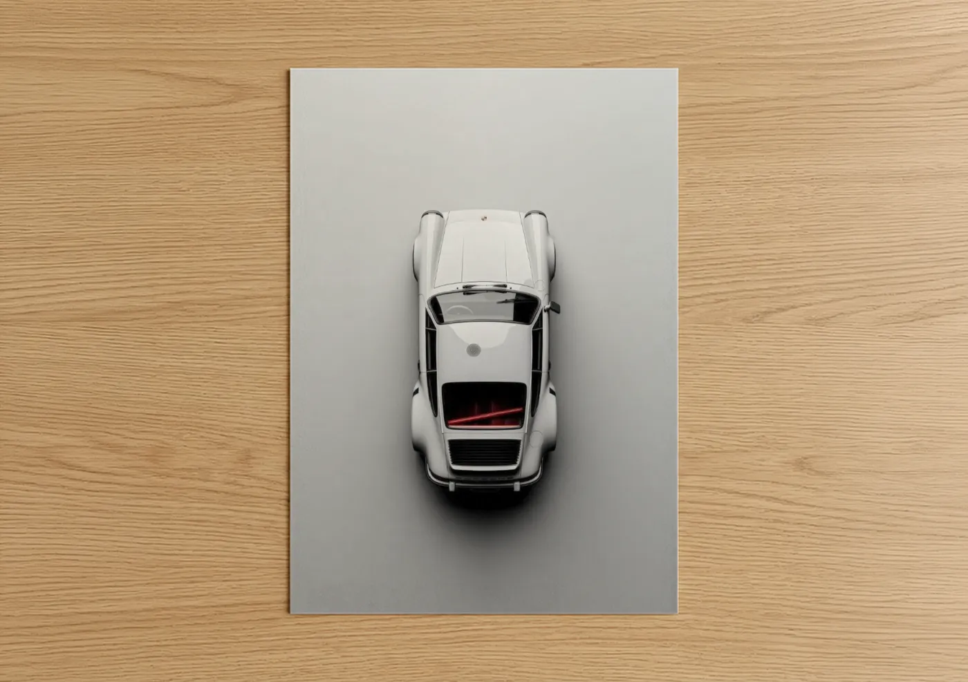 Art print on warm oak wood — black and white and red palette — White Sports Car poster