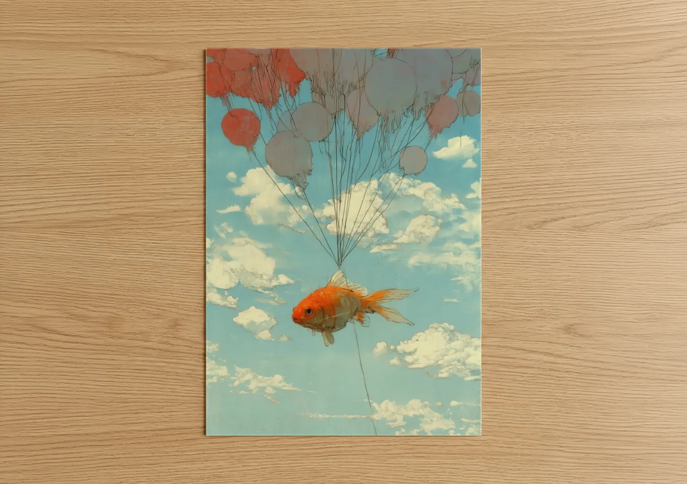 Zebrafish art print on warm oak wood — blue and orange palette — Floating Goldfish poster