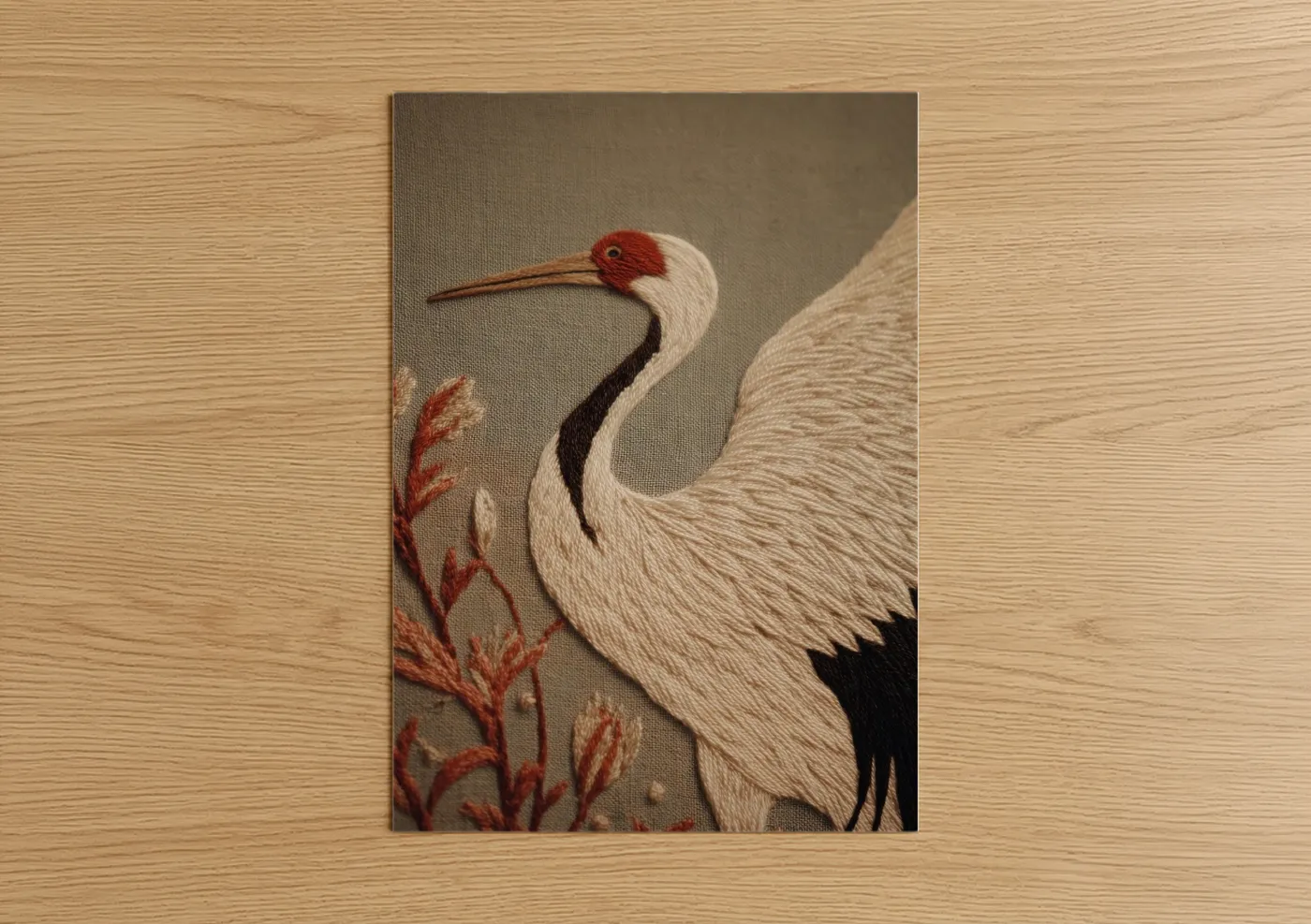 Embroidered Crane with Red Crown Wall Art