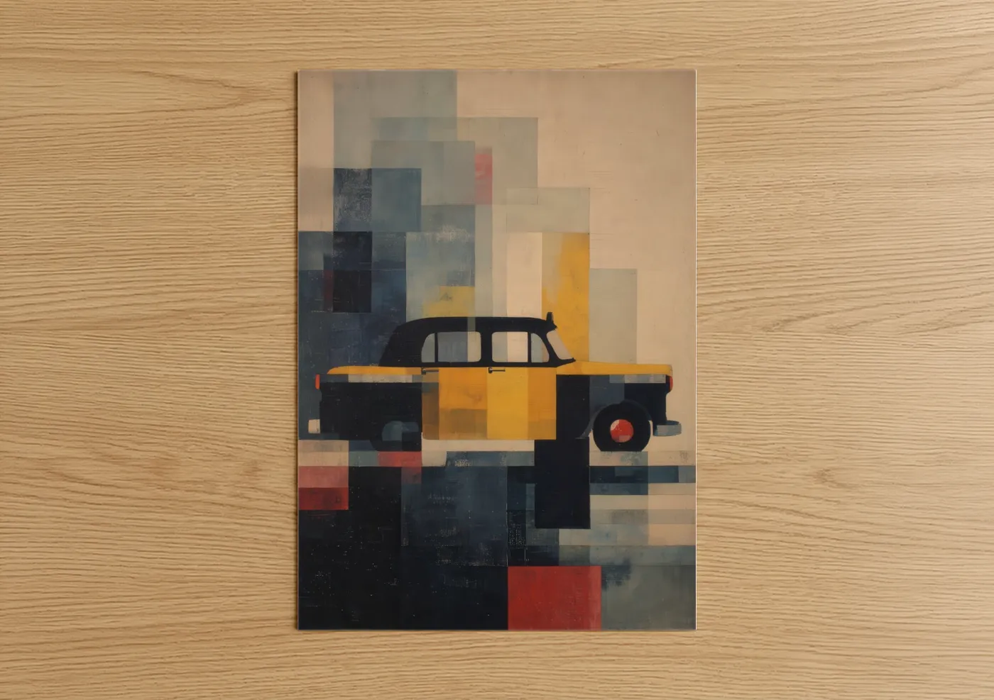 Art print on warm oak wood — gold and black palette — Golden Taxi Cab poster