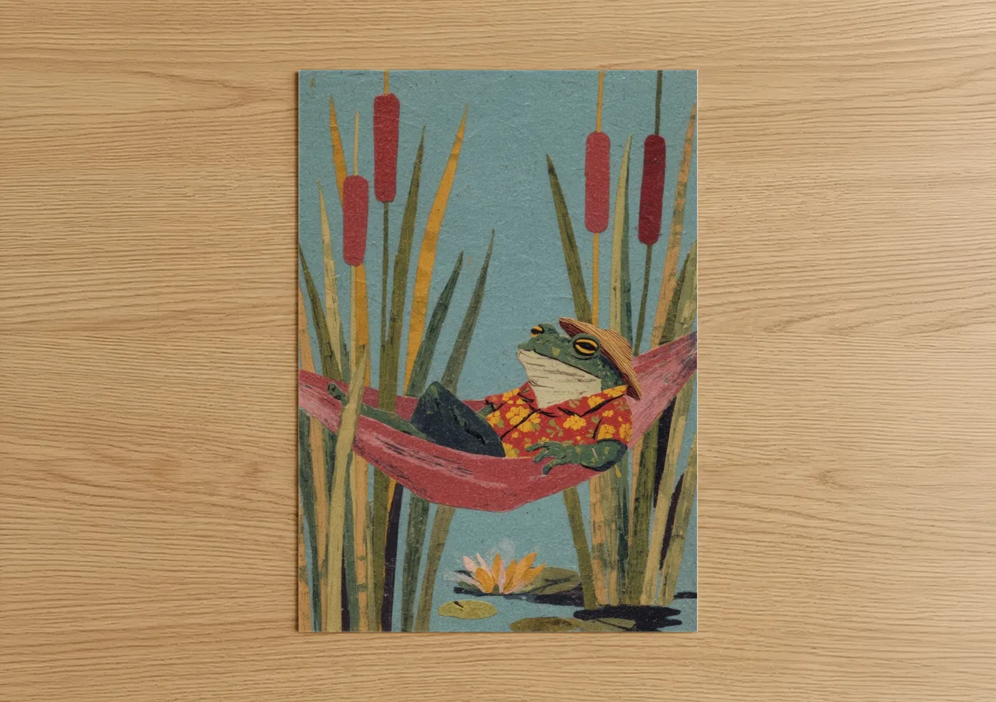 Relaxing Frog Cattail Illustration Wall Art