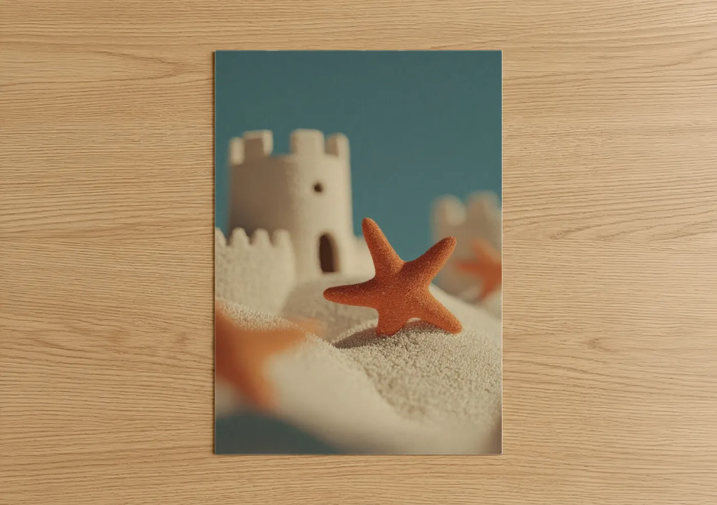 Art print on warm oak wood — bermuda gray and peach palette — Sandy Starfish poster