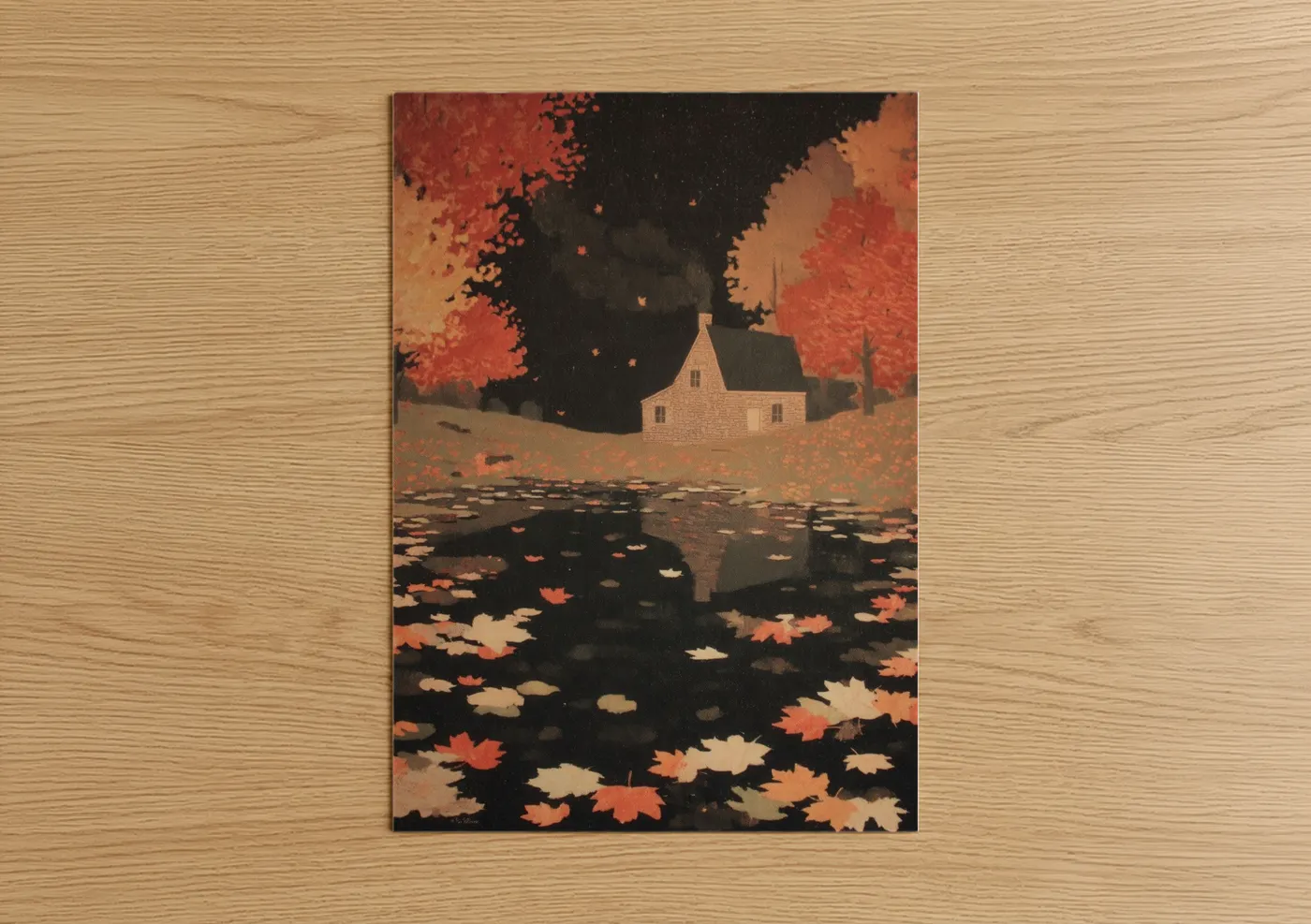 Art print on warm oak wood — russet and black palette — Autumn Canal Reflection poster