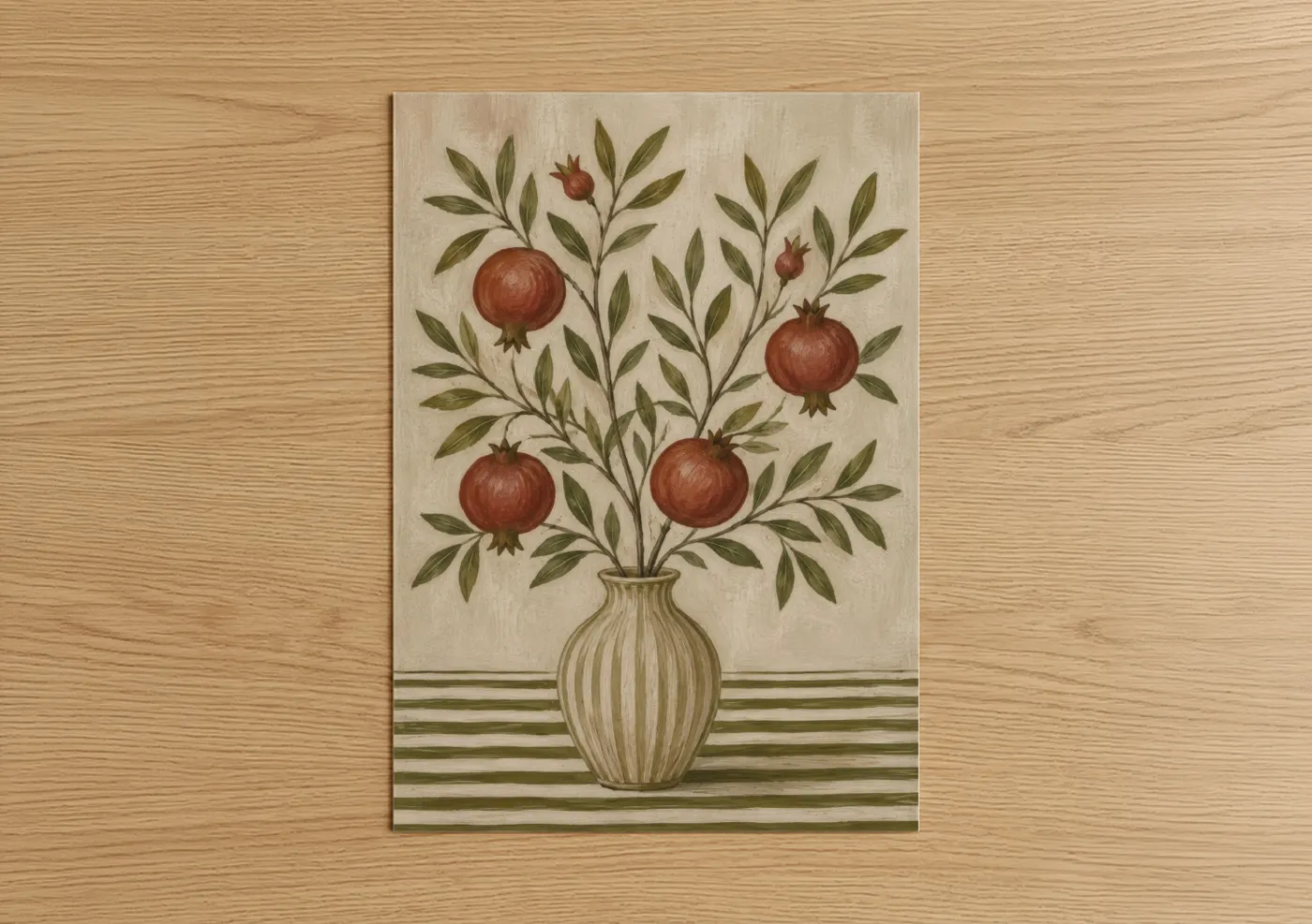 Plant art print on warm oak wood — beige and olive palette — Pomegranate Branch In Vase Wall Art poster