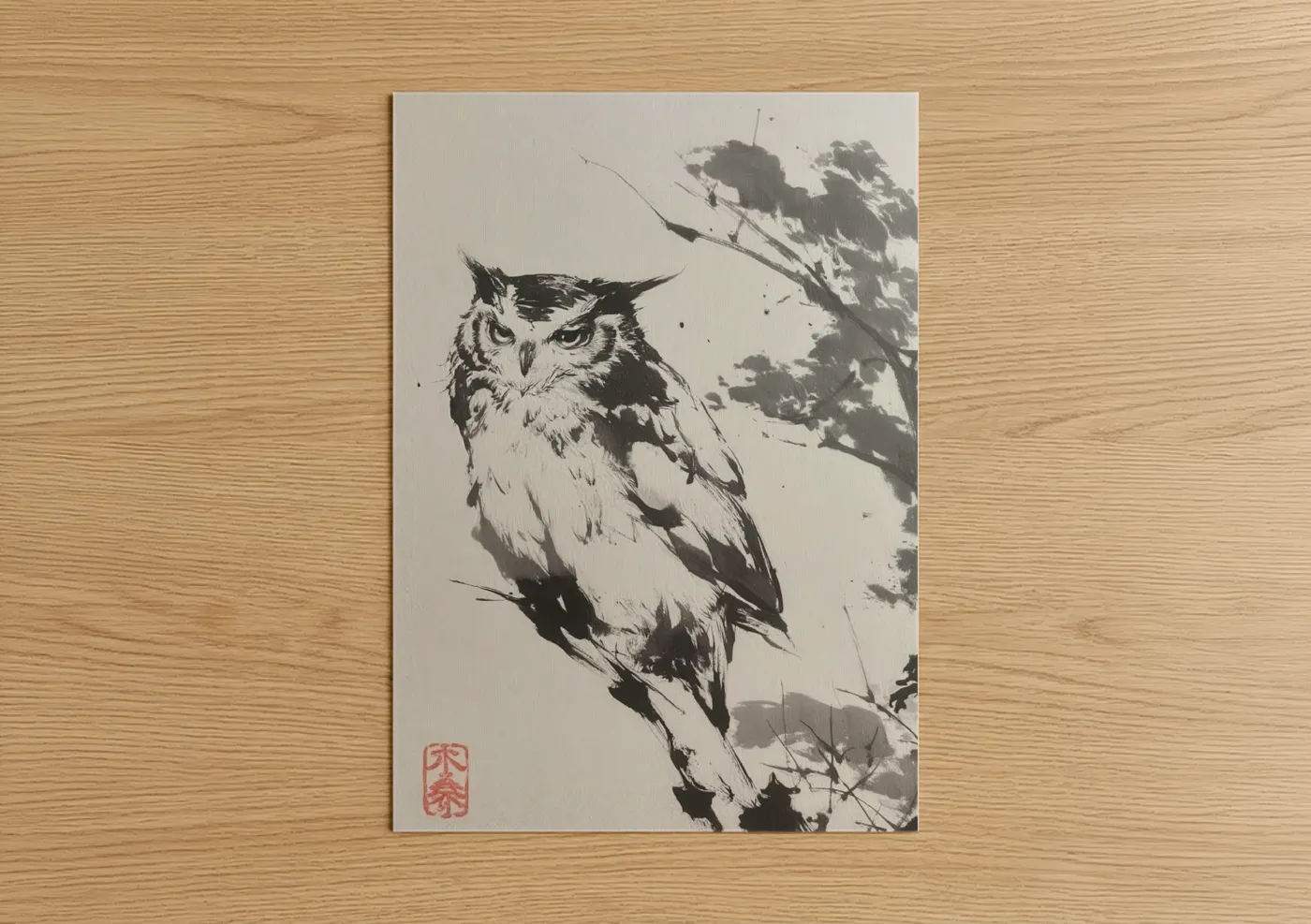 Art print on warm oak wood — black and white and gray palette — Vigilant Owl poster