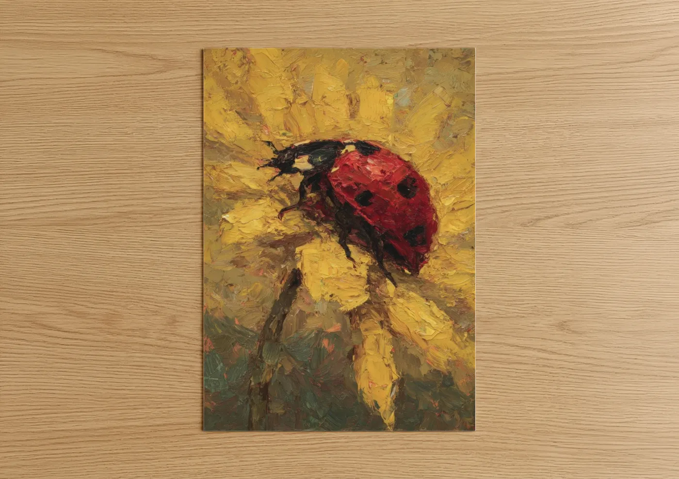 Art print on warm oak wood — yellow gold and red palette — Golden Ladybug poster