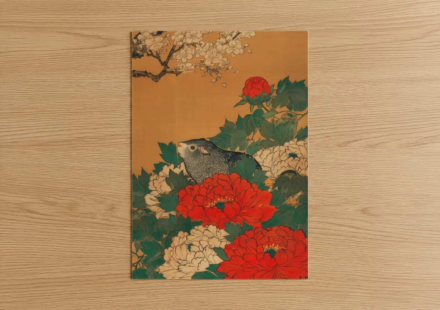 Art print on warm oak wood — gold and red palette — Garden Guinea Pig poster