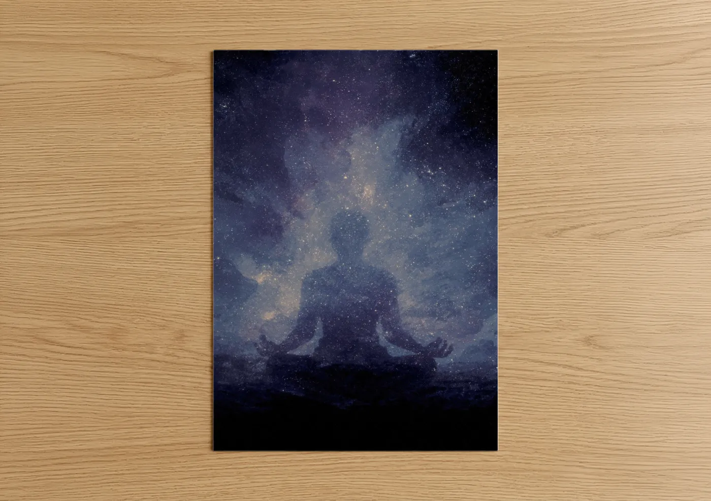 Yoga art print on warm oak wood — dark blue and gold palette — Cosmic Meditation poster