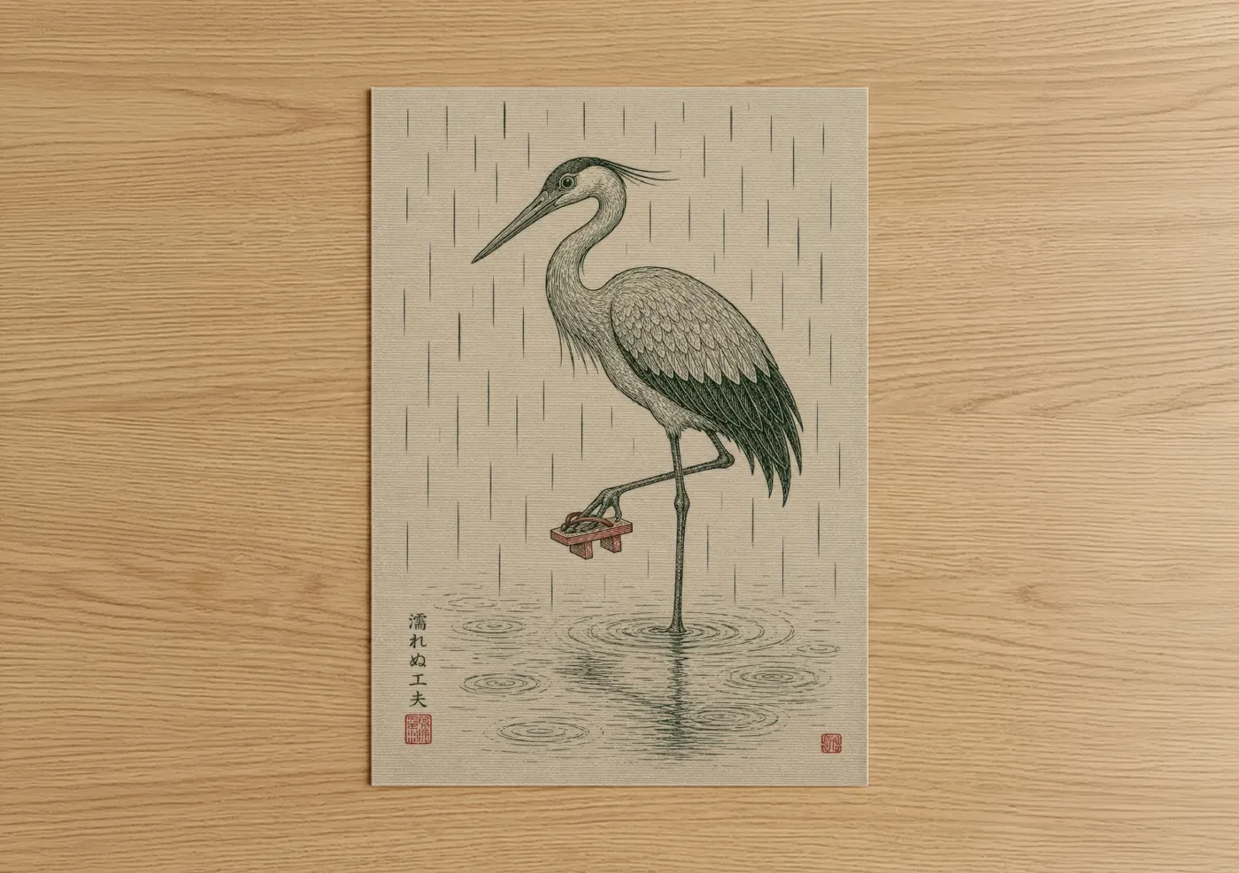 Art print on warm oak wood — beige and sage green palette — Japanese Heron in Rain Wall Art poster