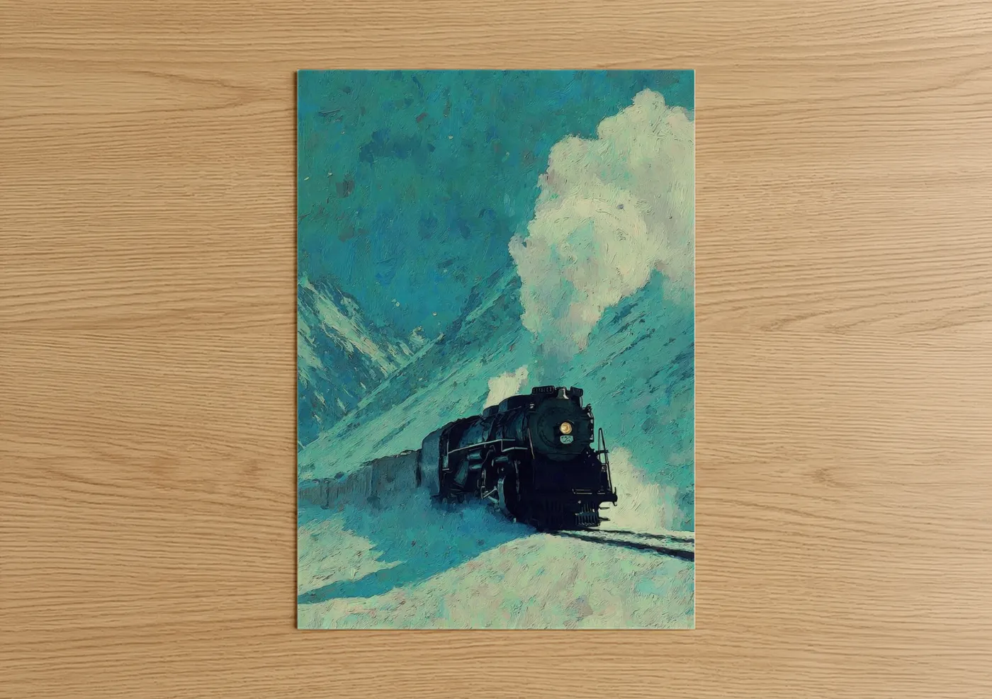 Art for boy art print on warm oak wood — turquoise and cream palette — Mountain Express Train poster