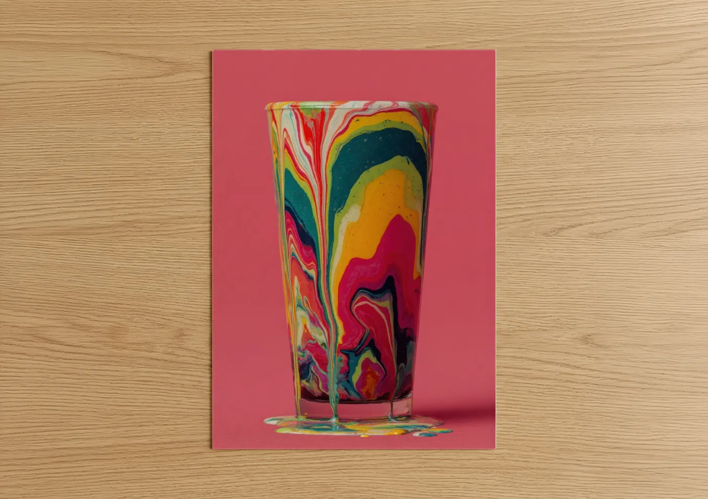 Art print on warm oak wood — magenta and gold palette — Psychedelic Milkshake poster