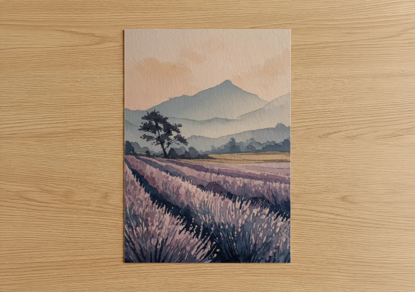 Lavender Field Mountain Watercolor Wall Art