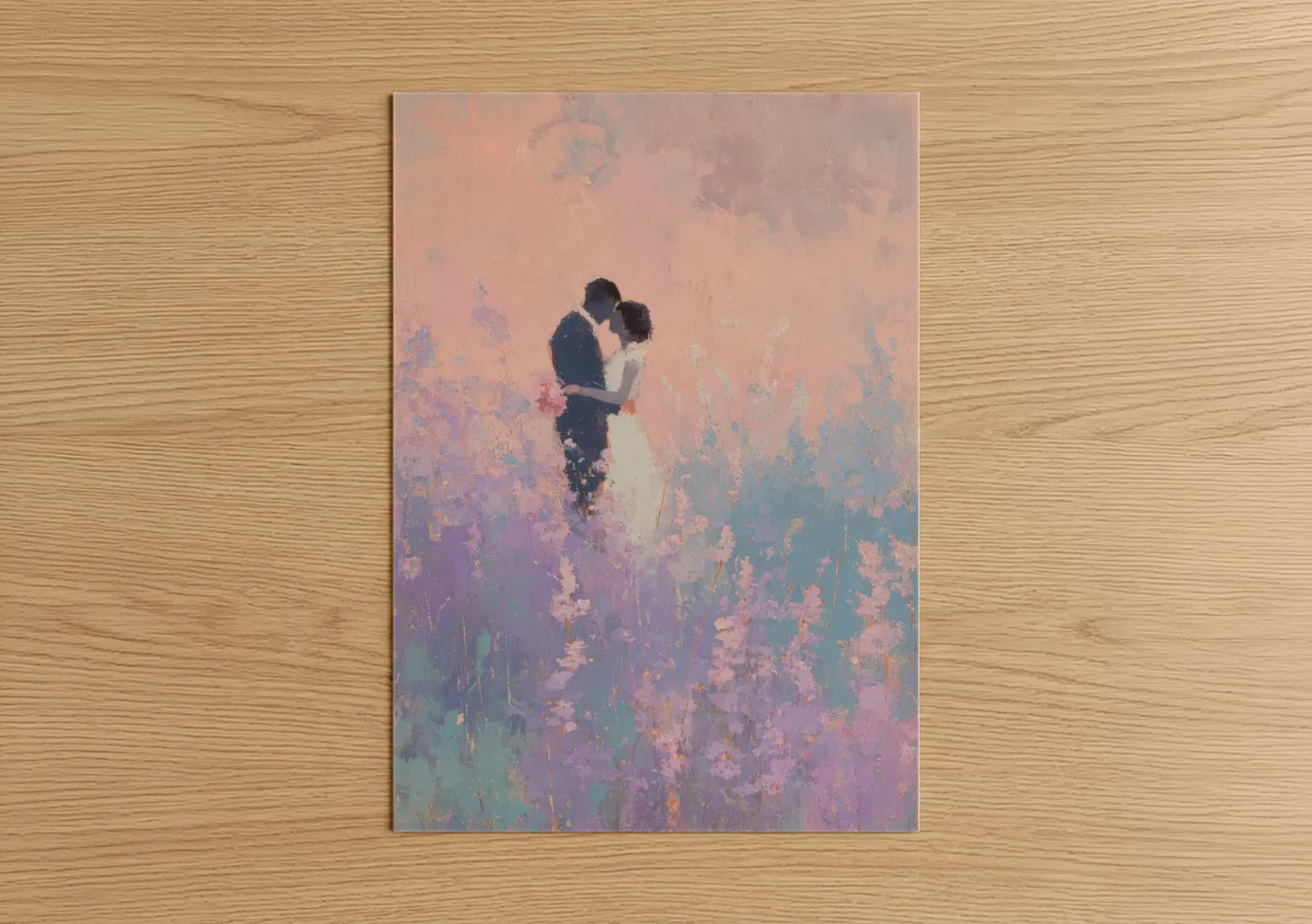 Groom and bride art print on warm oak wood — pink and lavender palette — Wildflower Romance poster