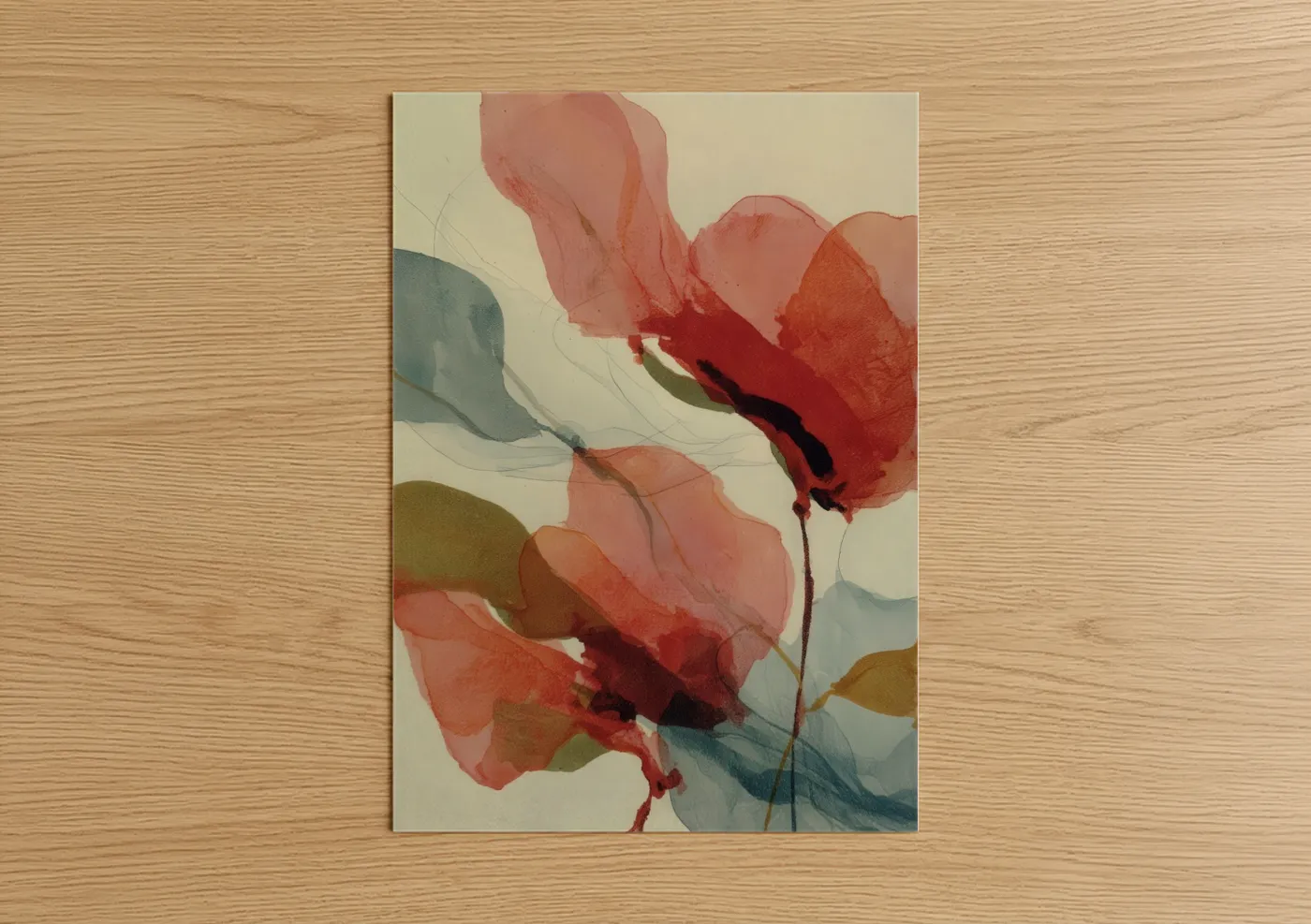 Art print on warm oak wood — salmon pink and dove gray palette — Crimson Dogwood Blooms poster