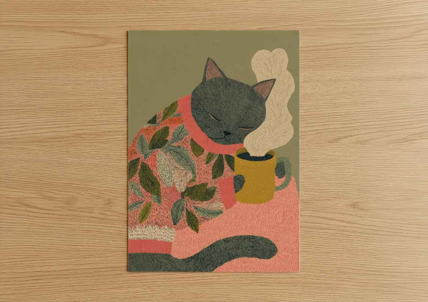 Art print on warm oak wood — sage green and salmon pink palette — Cozy Cat Tea poster