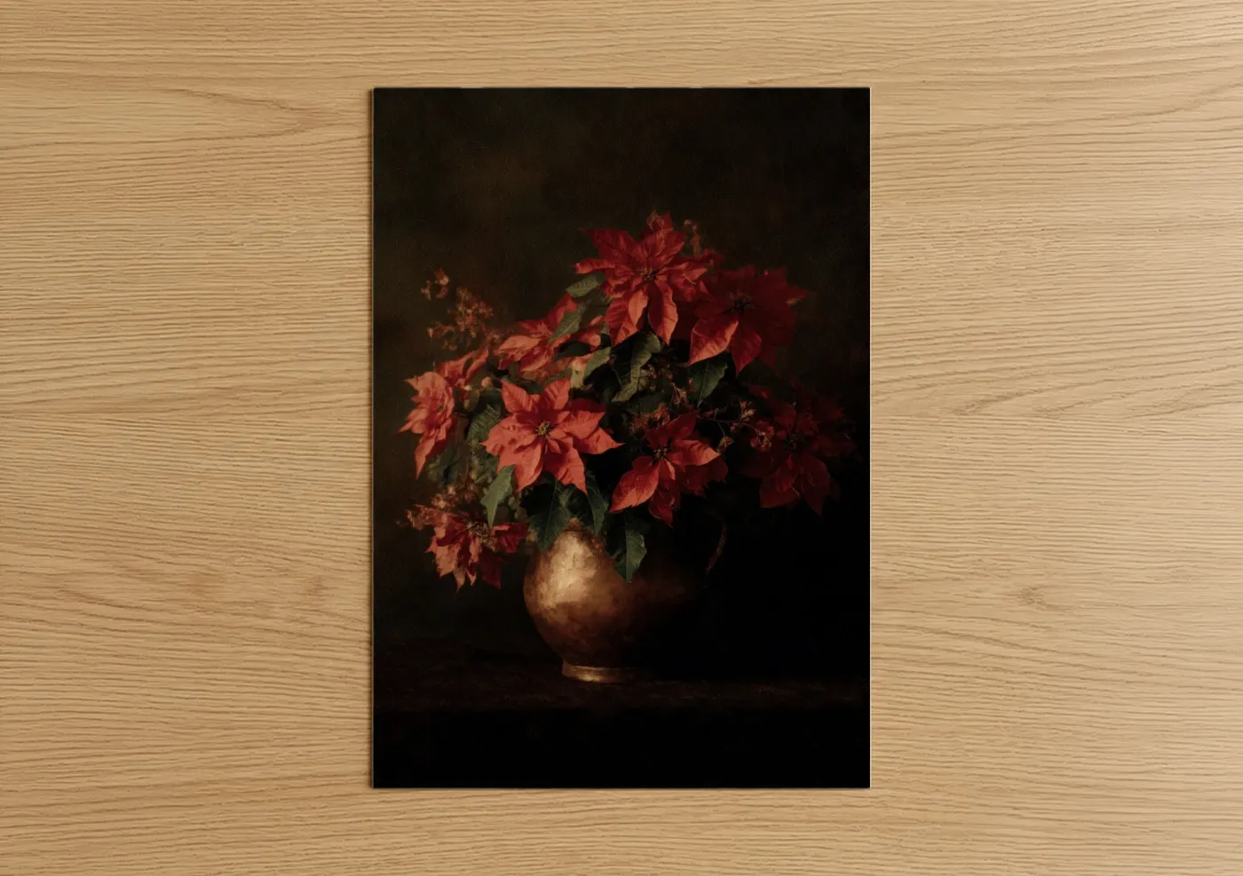 Art print on warm oak wood — red and espresso palette — Crimson Poinsettias poster