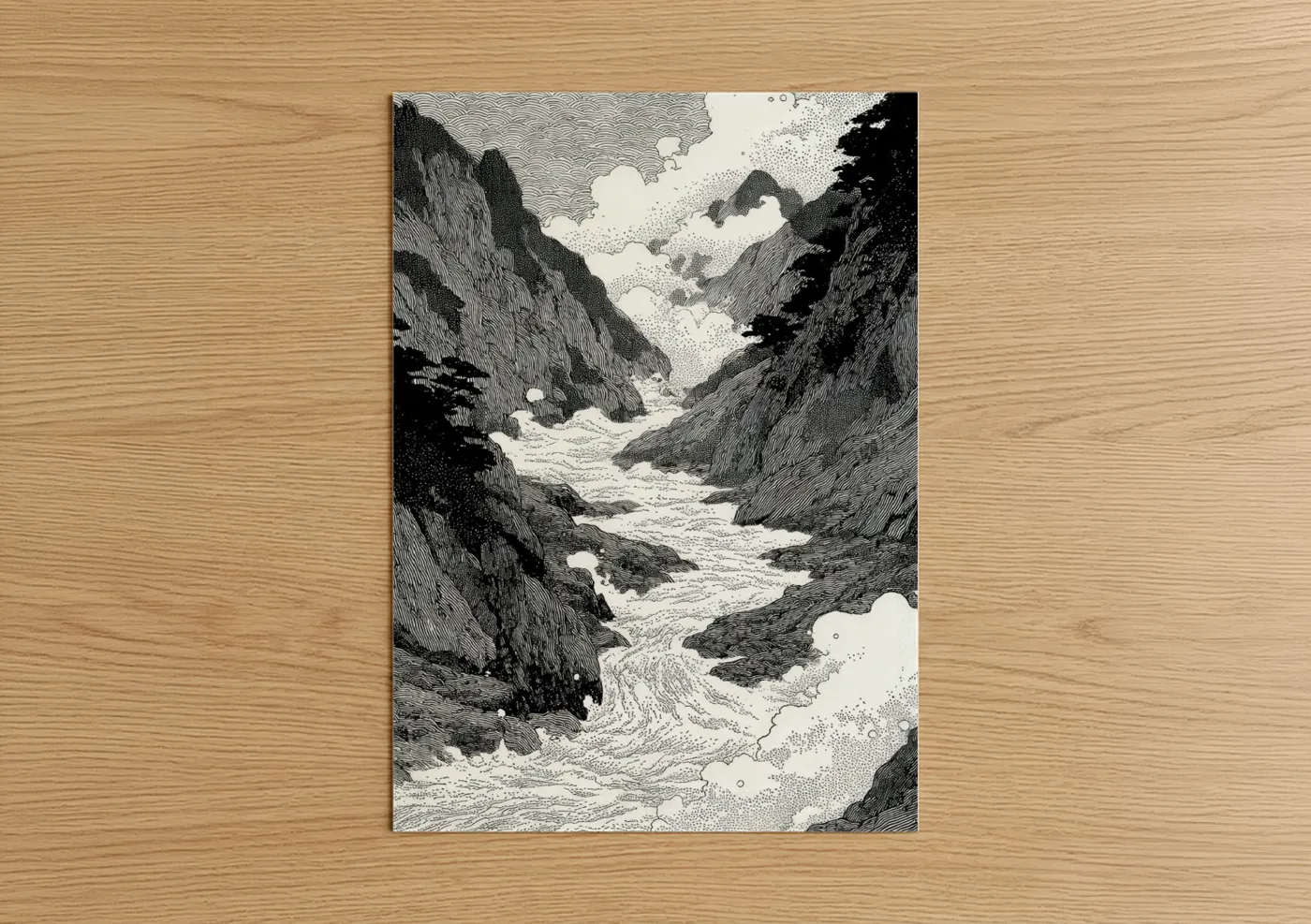 Alps art print on warm oak wood — black and white palette — Alpine Canyon River poster