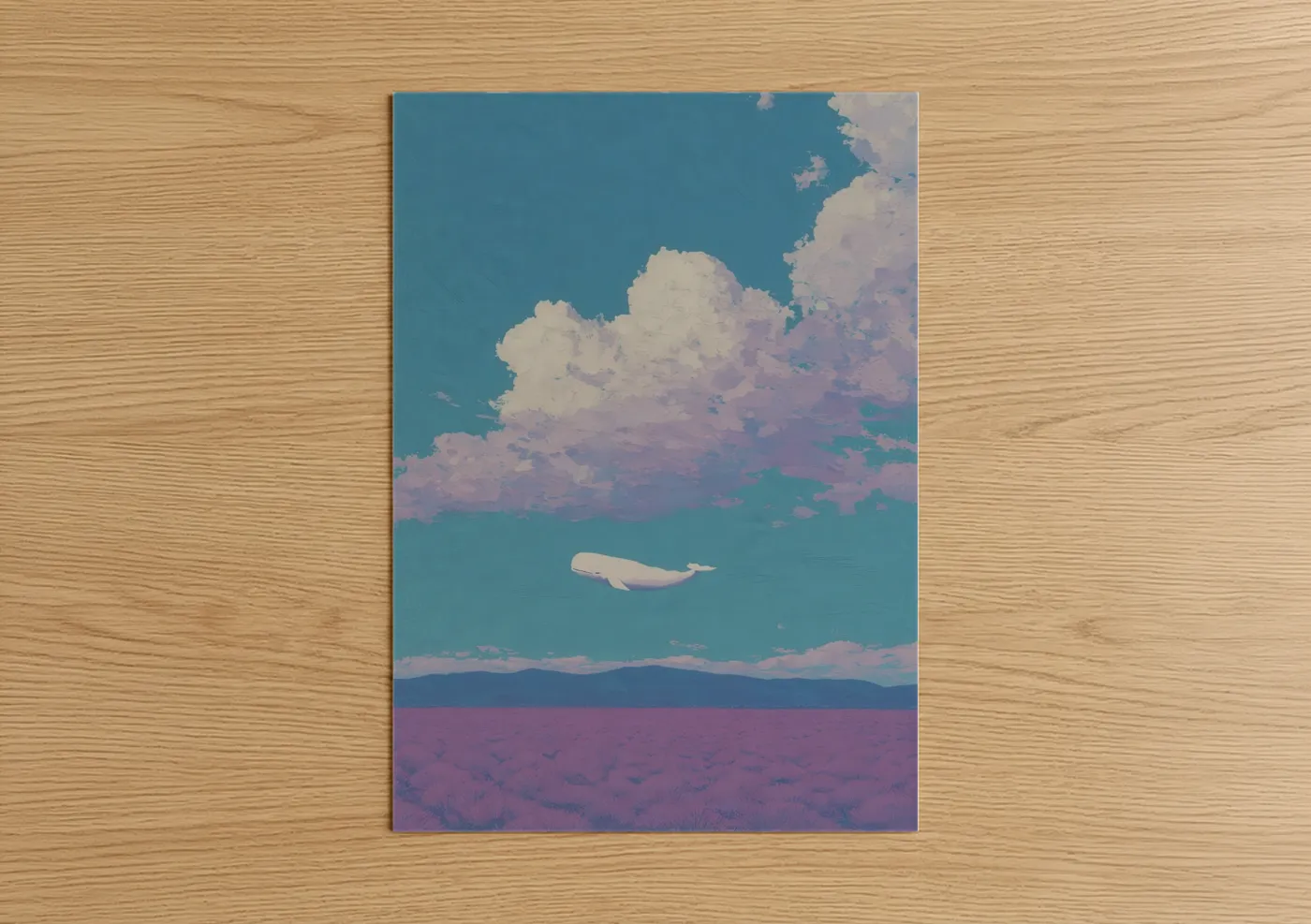 Beluga whale art print on warm oak wood — blue and lavender palette — Dreaming Beluga poster