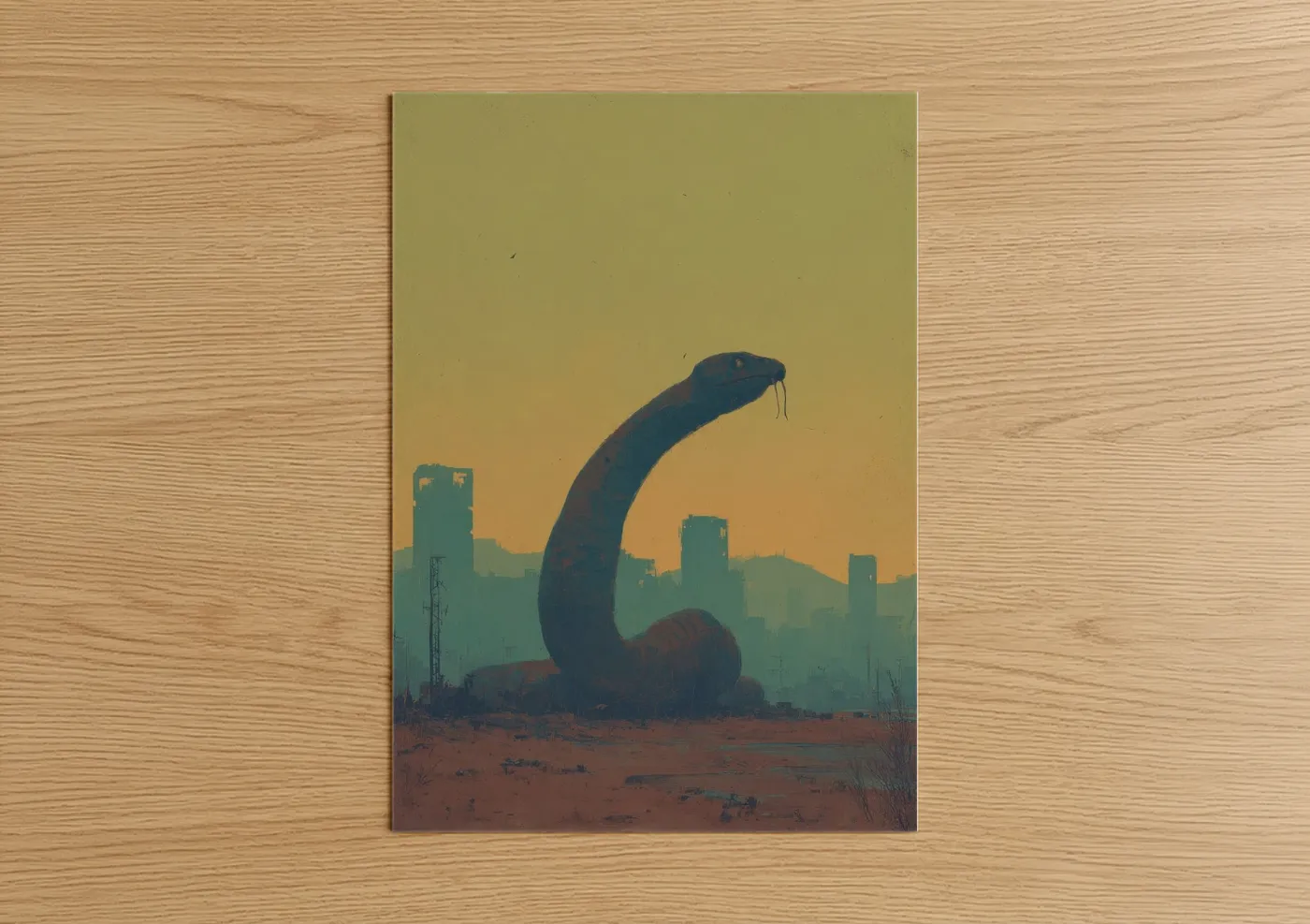 Art print on warm oak wood — gold and teal palette — Urban Cobra poster