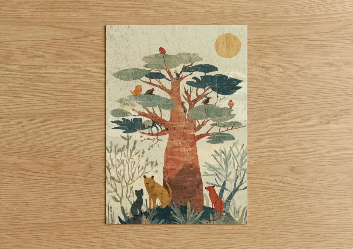 Baobab tree art print on warm oak wood — cream and russet palette — Baobab Forest Sanctuary poster