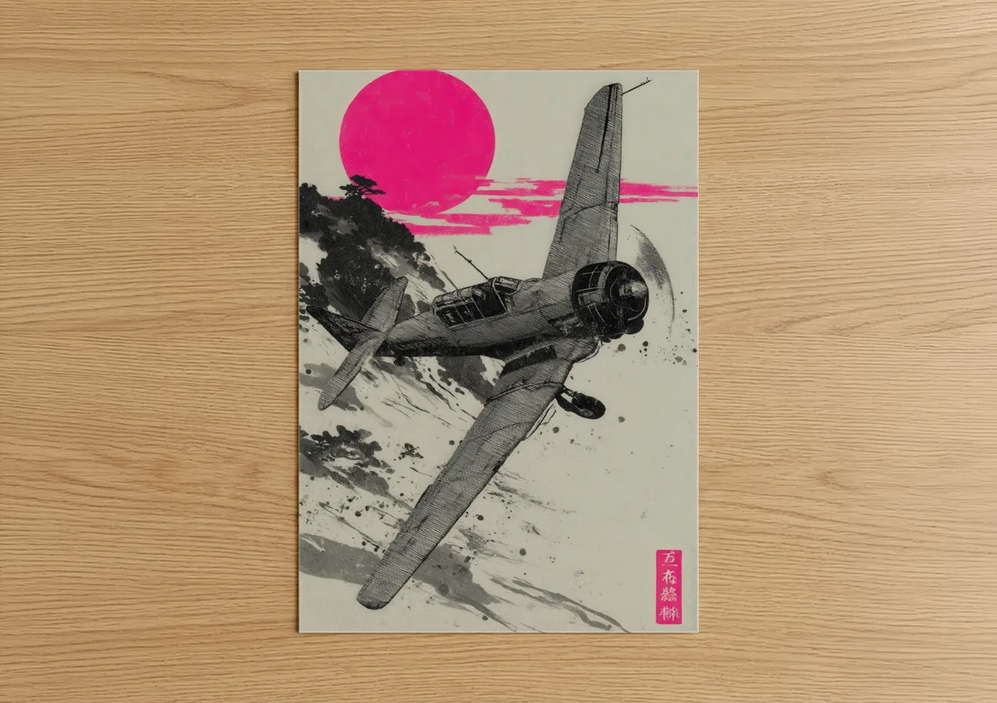 Vintage airplane art print on warm oak wood — magenta and black and white palette — Neon Vintage Flyer poster