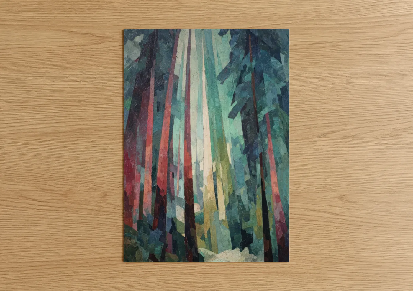 Redwood tree art print on warm oak wood — maroon and dark green palette — Crimson Redwood Path poster