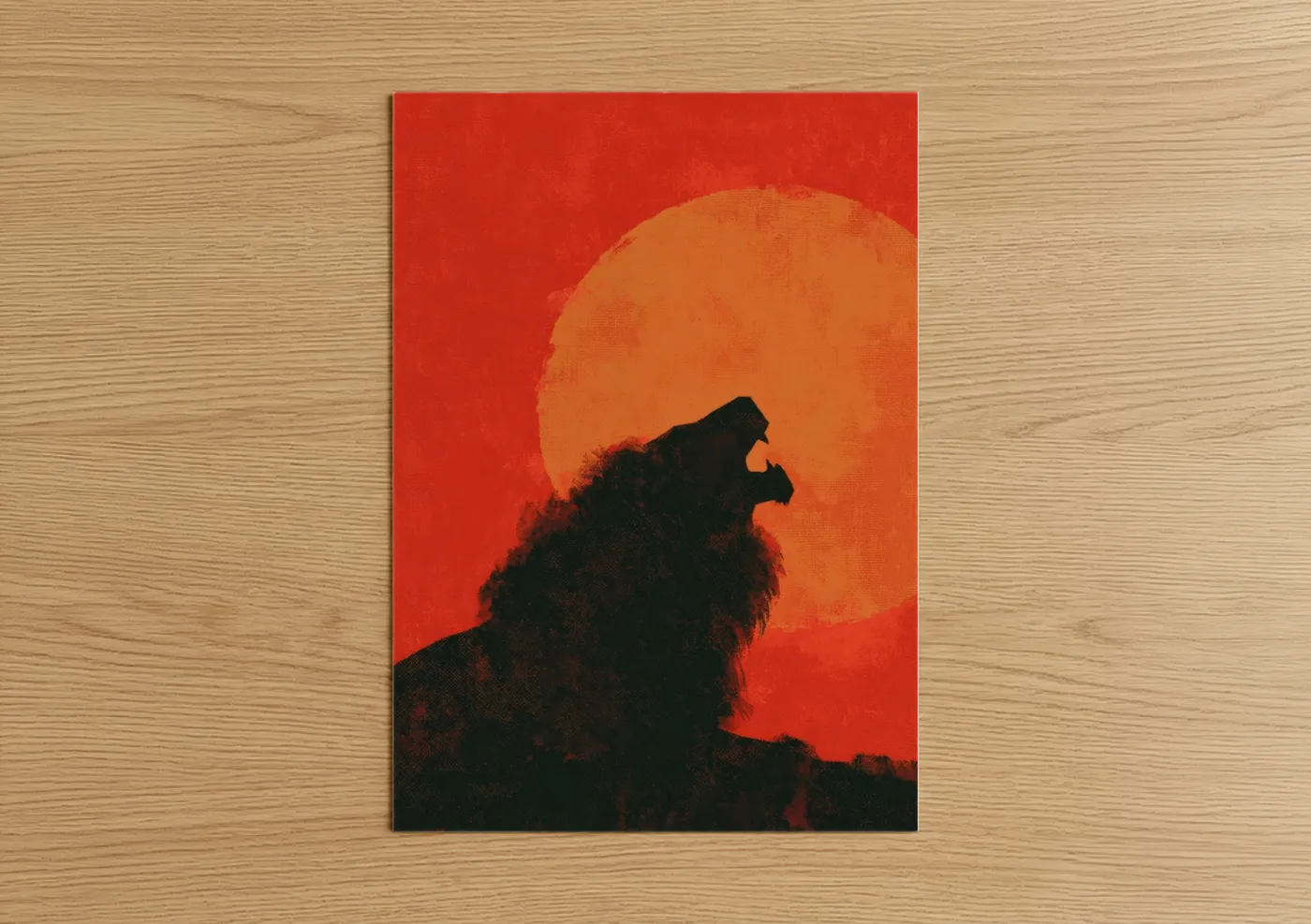 Christian symbols art print on warm oak wood — red and gold palette — Roaring Lion Silhouette poster