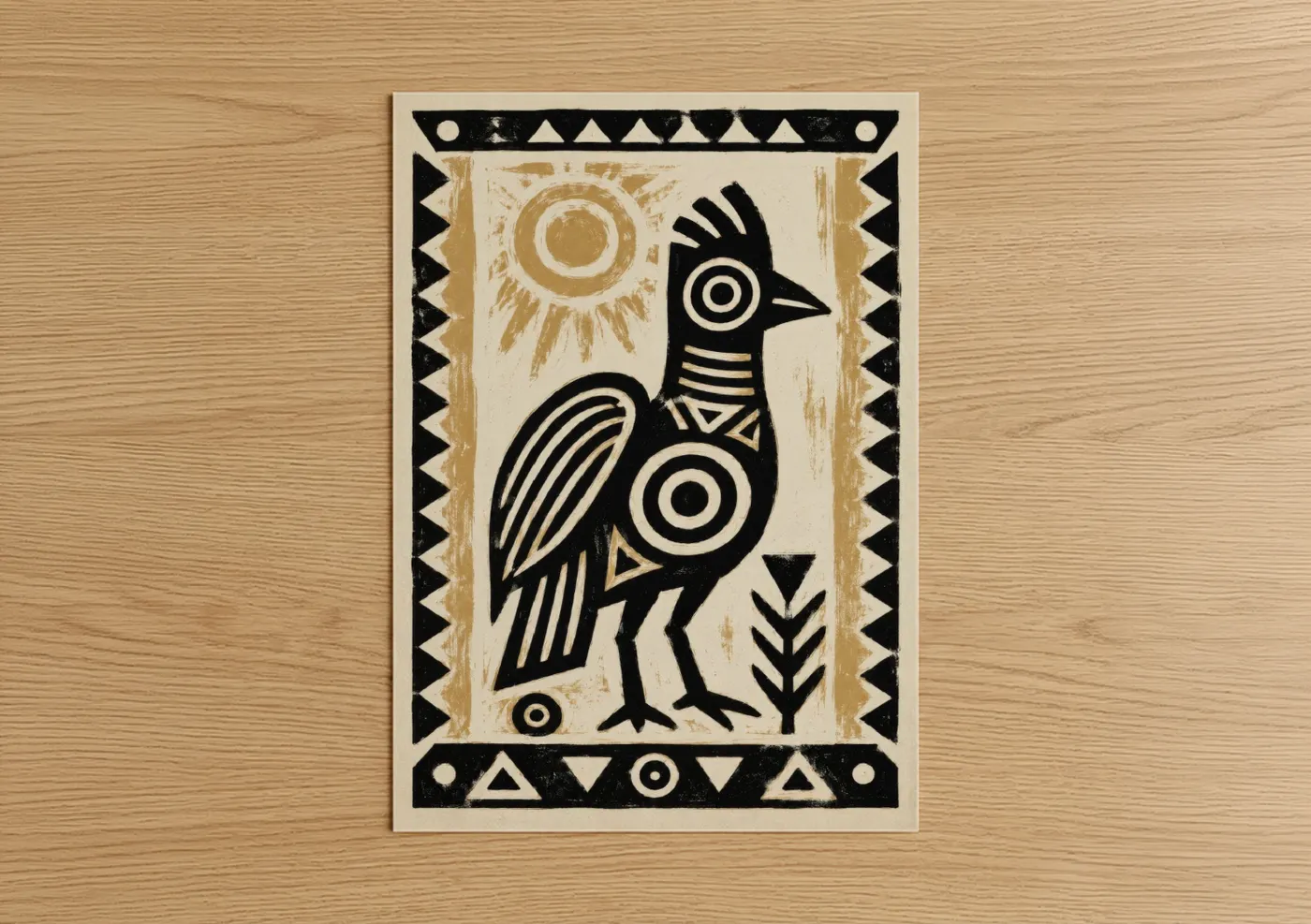 Chicken and roosters art print on warm oak wood — black and white and gold palette — Geometric Rooster Sun Tribal Wall Art poster