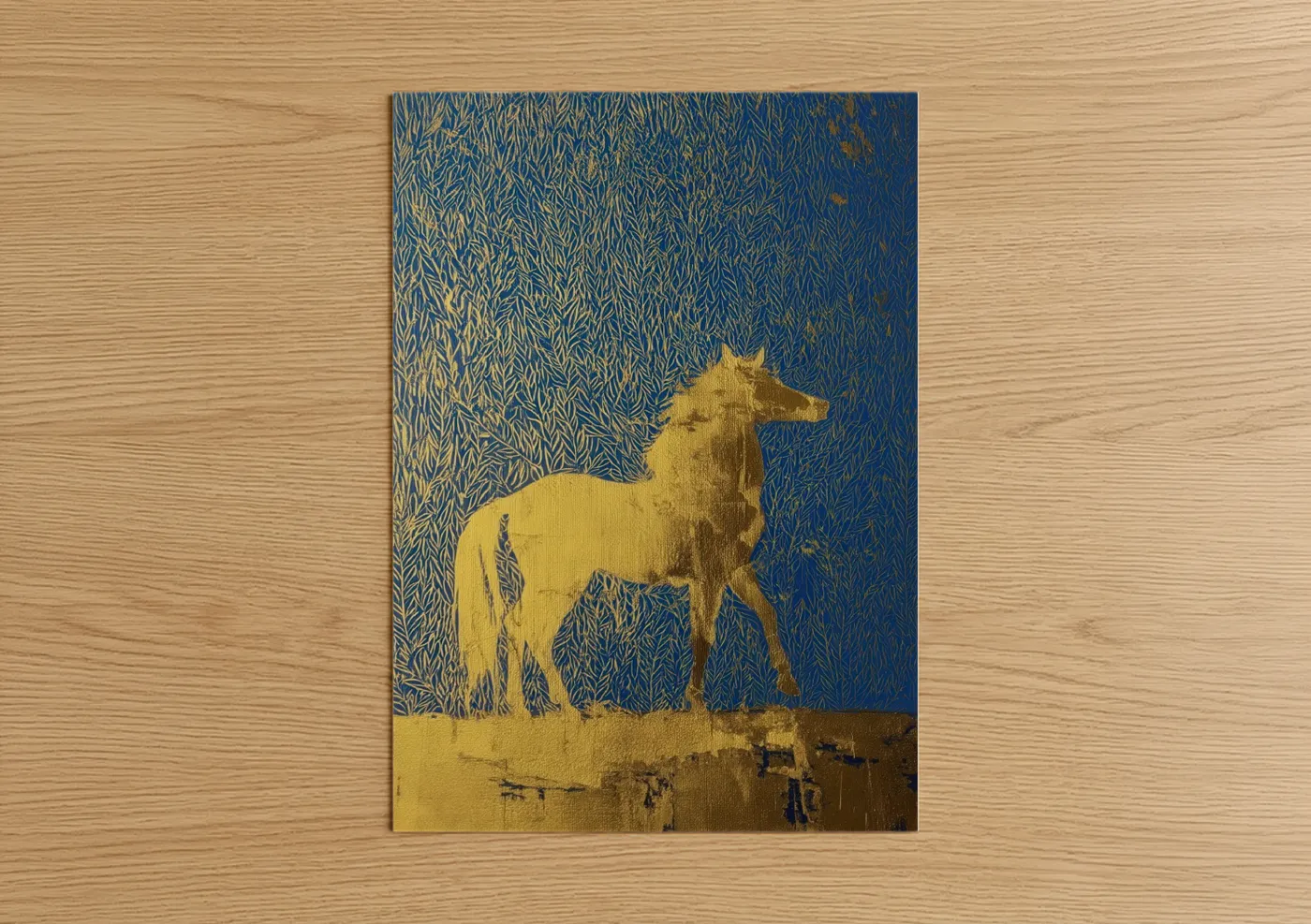 Art print on warm oak wood — royal blue and gold palette — Golden Miniature Horse poster