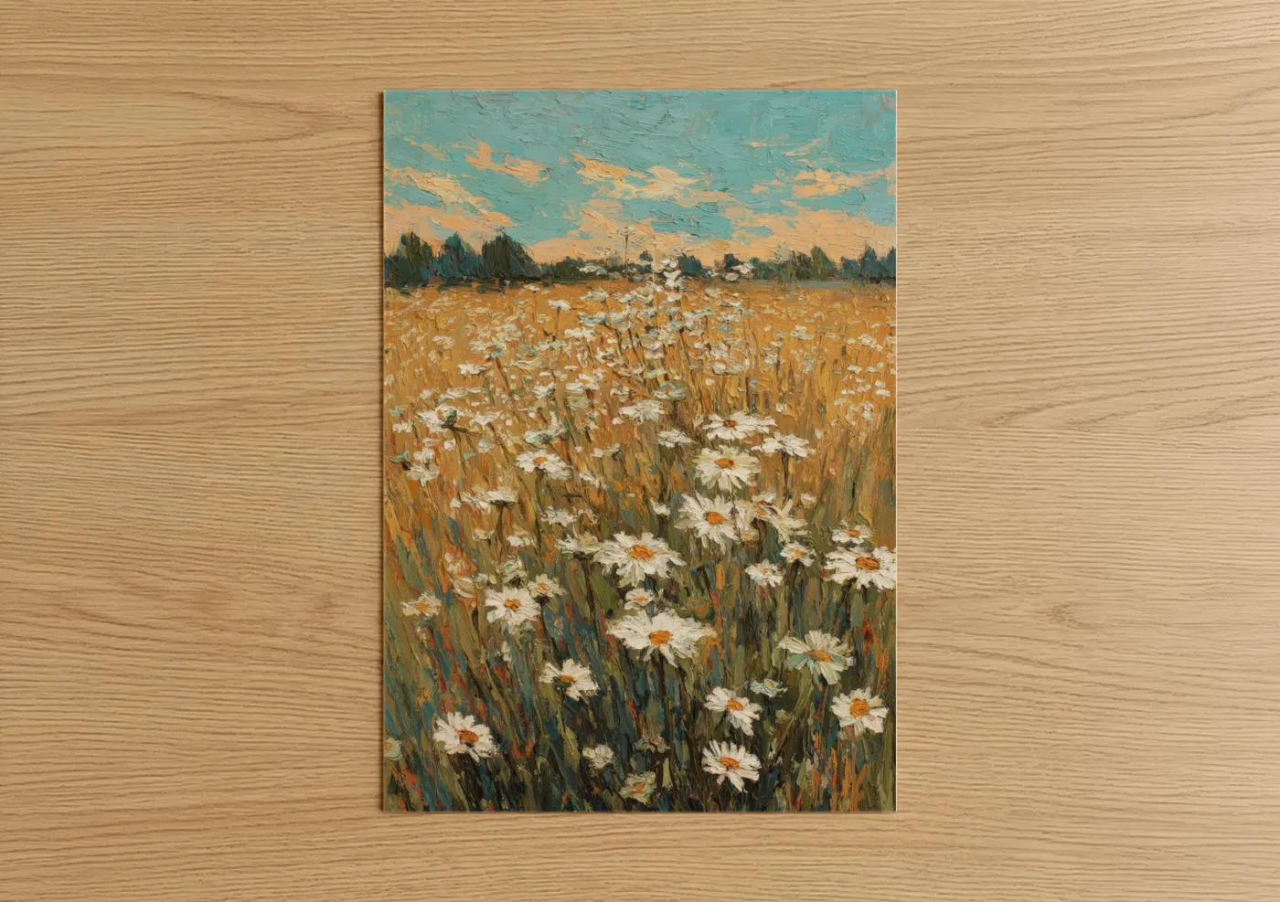 Art print on warm oak wood — turquoise and yellow gold palette — Golden Daisy Field poster