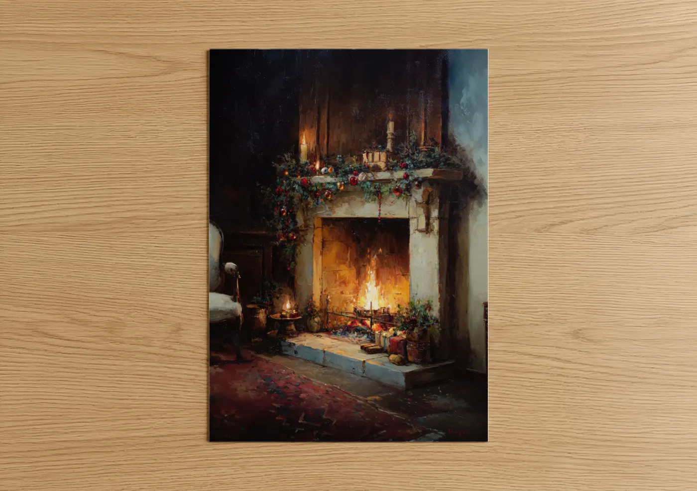 Holiday Fireplace with Christmas Garland Wall Art
