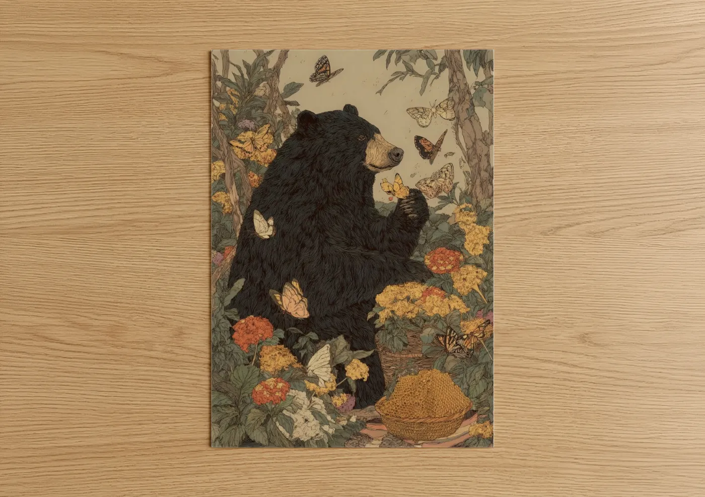 Sloth Bear Honey Gathering Botanical Wall Art