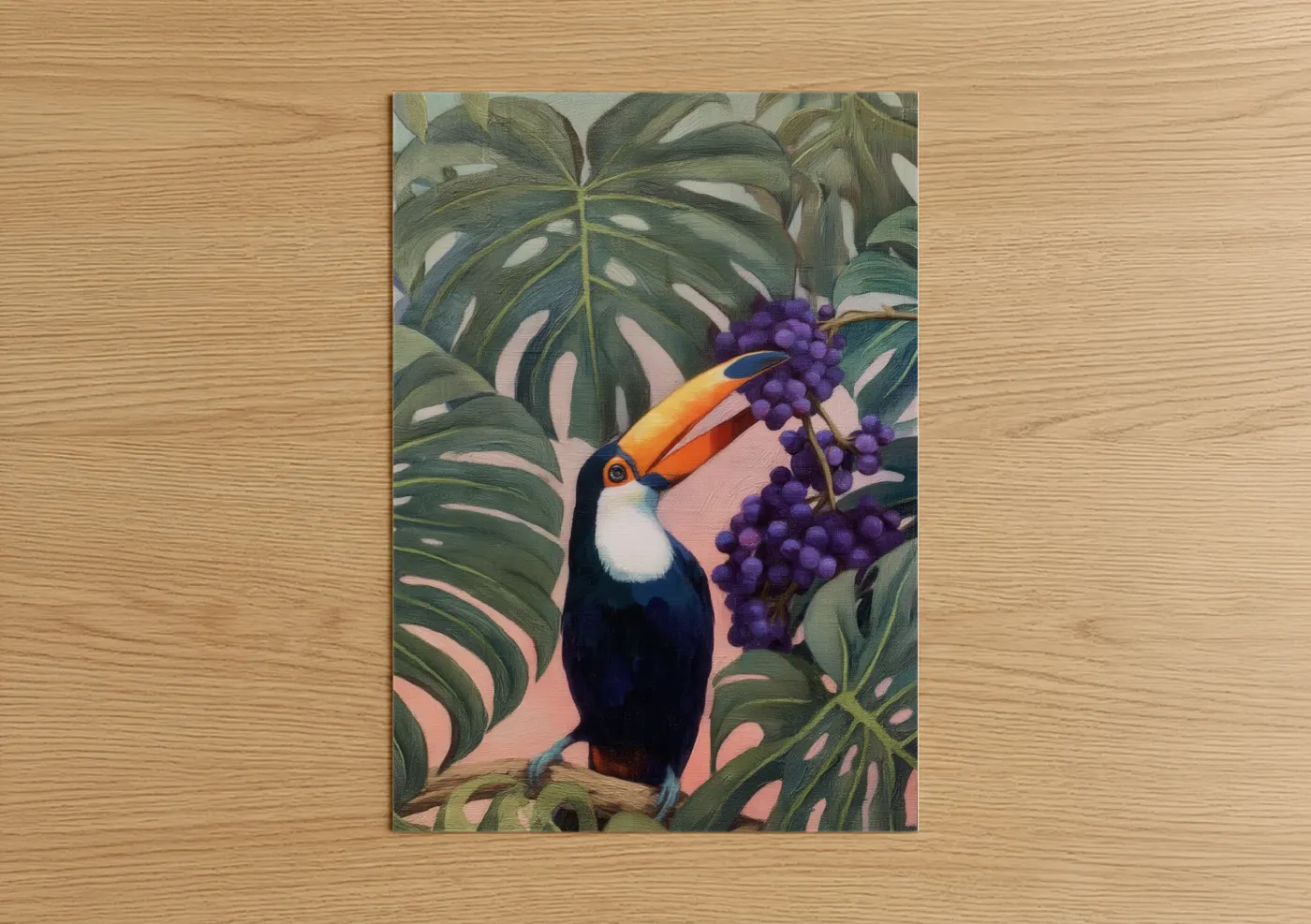 Art print on warm oak wood — orange and dark blue palette — Tropical Toucan poster
