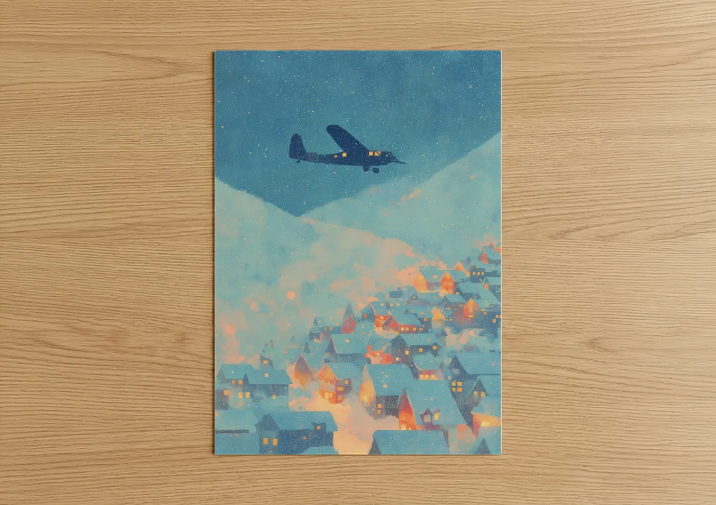 Vintage Propeller Plane Night Sky Illustration Wall Art