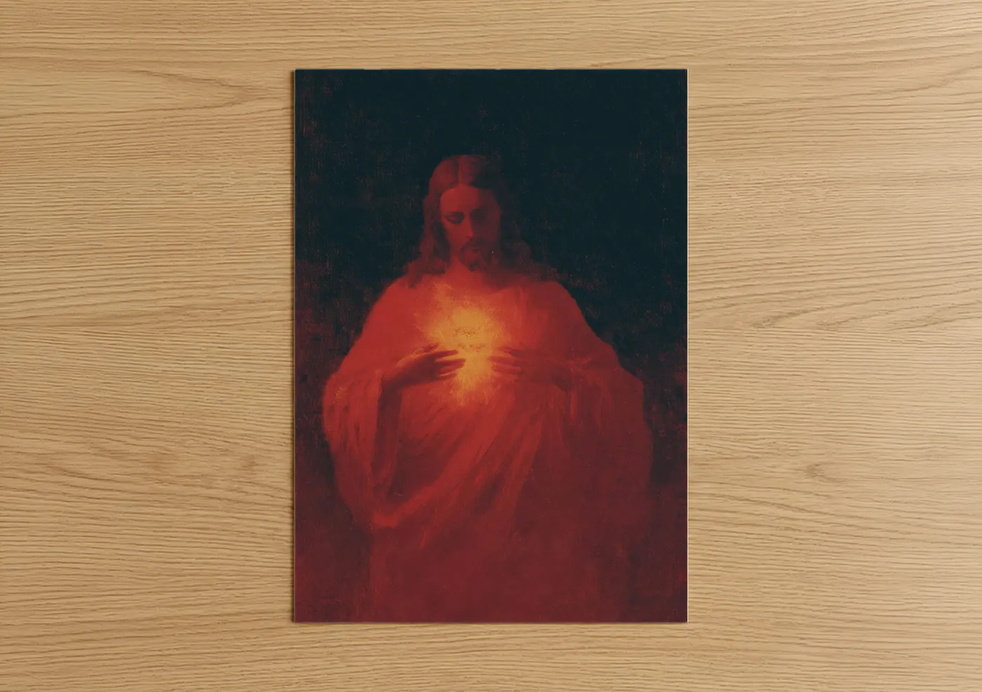 Jesus christ art print on warm oak wood — red and gold palette — Sacred Heart Jesus poster