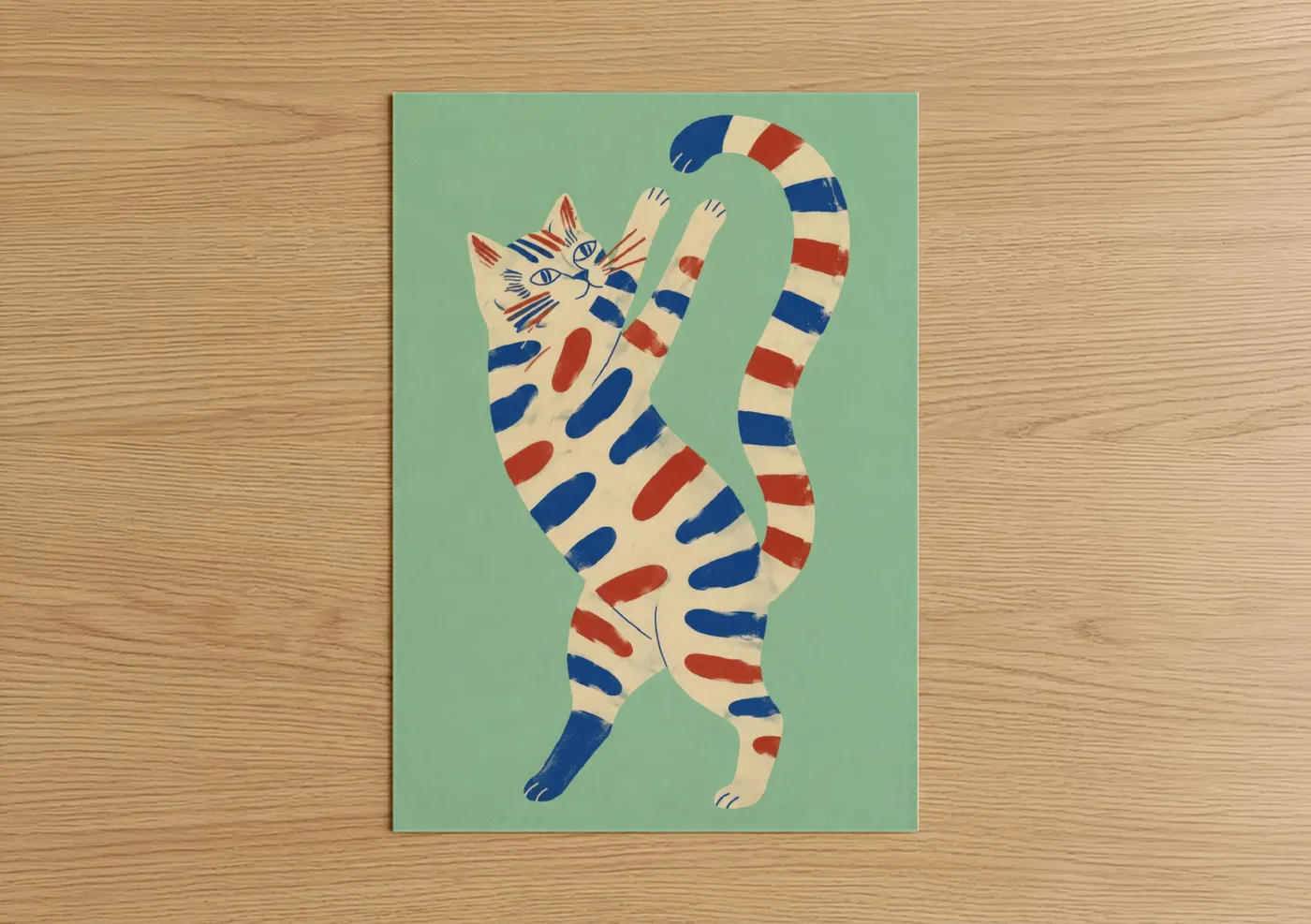 Art print on warm oak wood — blue and red palette — Striped Cat Contemporary Wall Art poster