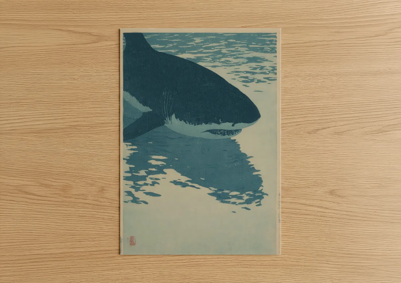 Art print on warm oak wood — teal and cream palette — Coastal Bull Shark poster