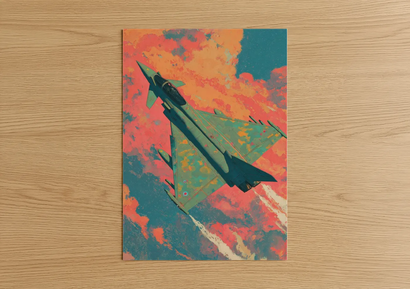 Military plane art print on warm oak wood — red and teal palette — Crimson Fighter Jet poster
